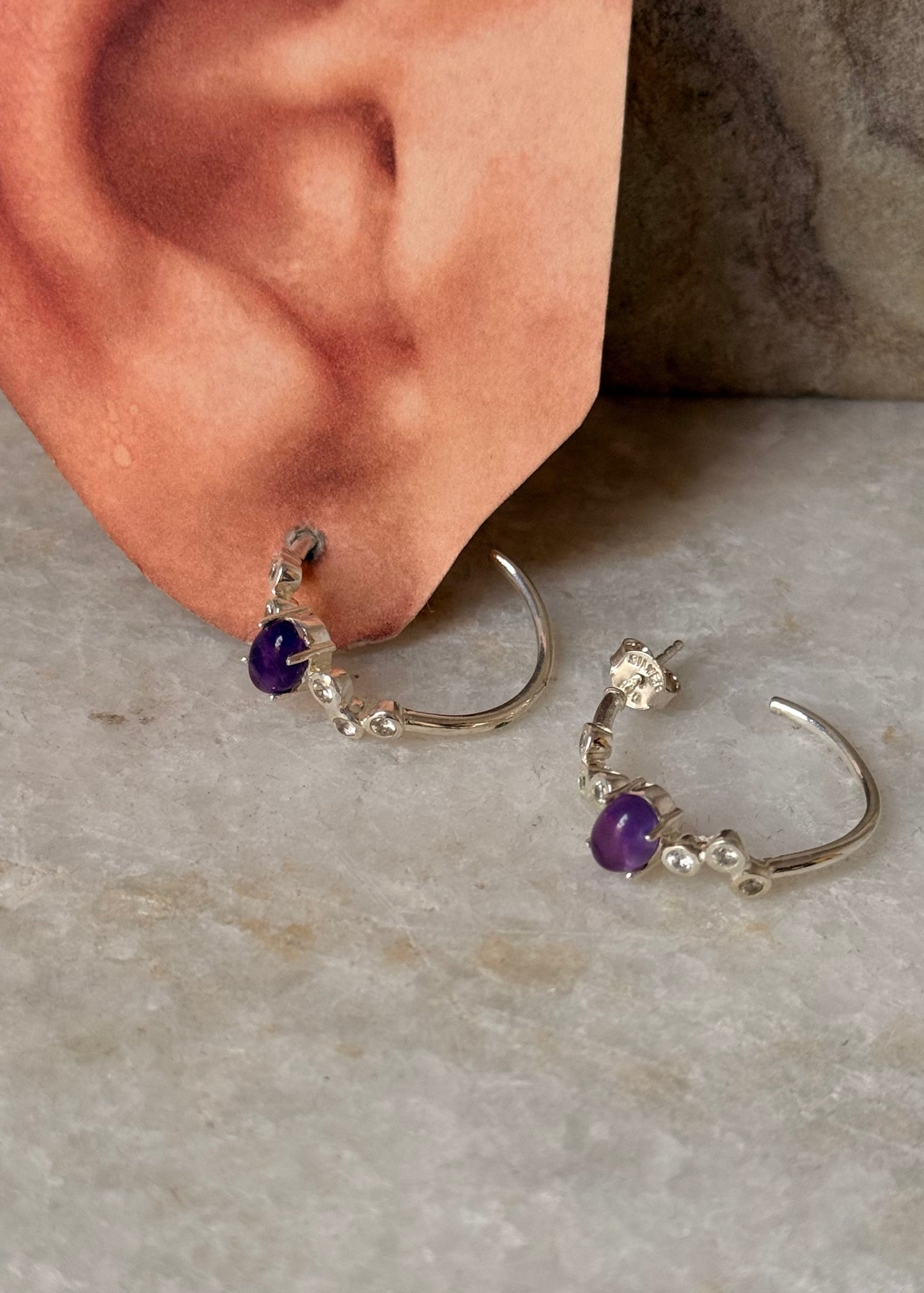 925 Sterling Silver Amethyst Cz Half Hoops Earrings