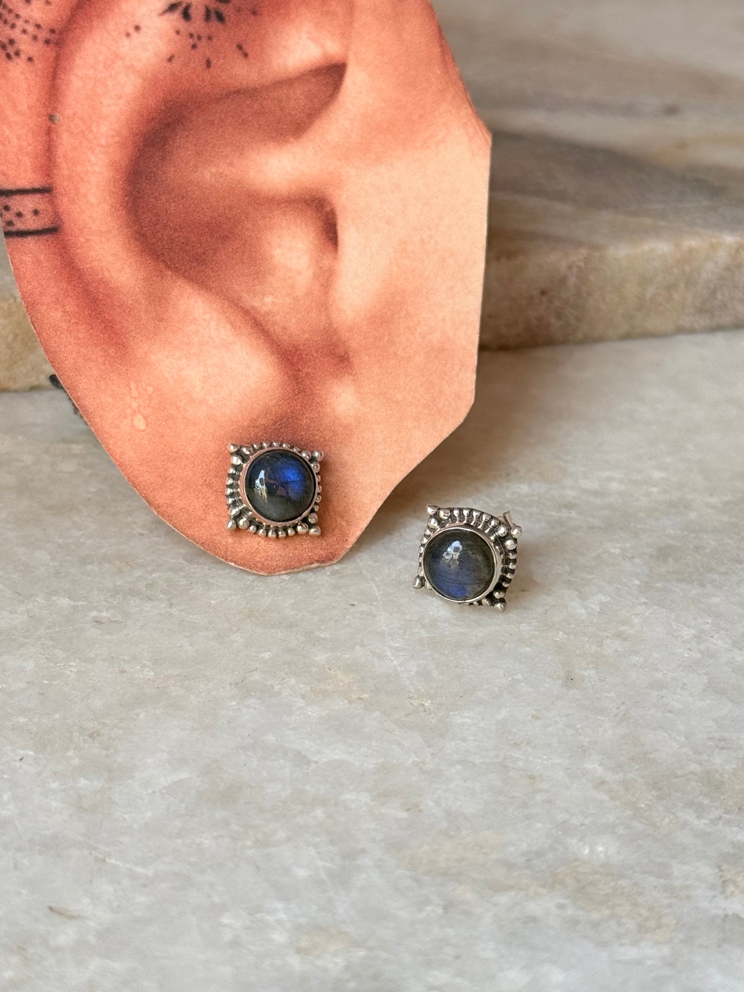 925 Sterling Silver Labradorite Rawa Square Studs Earrings