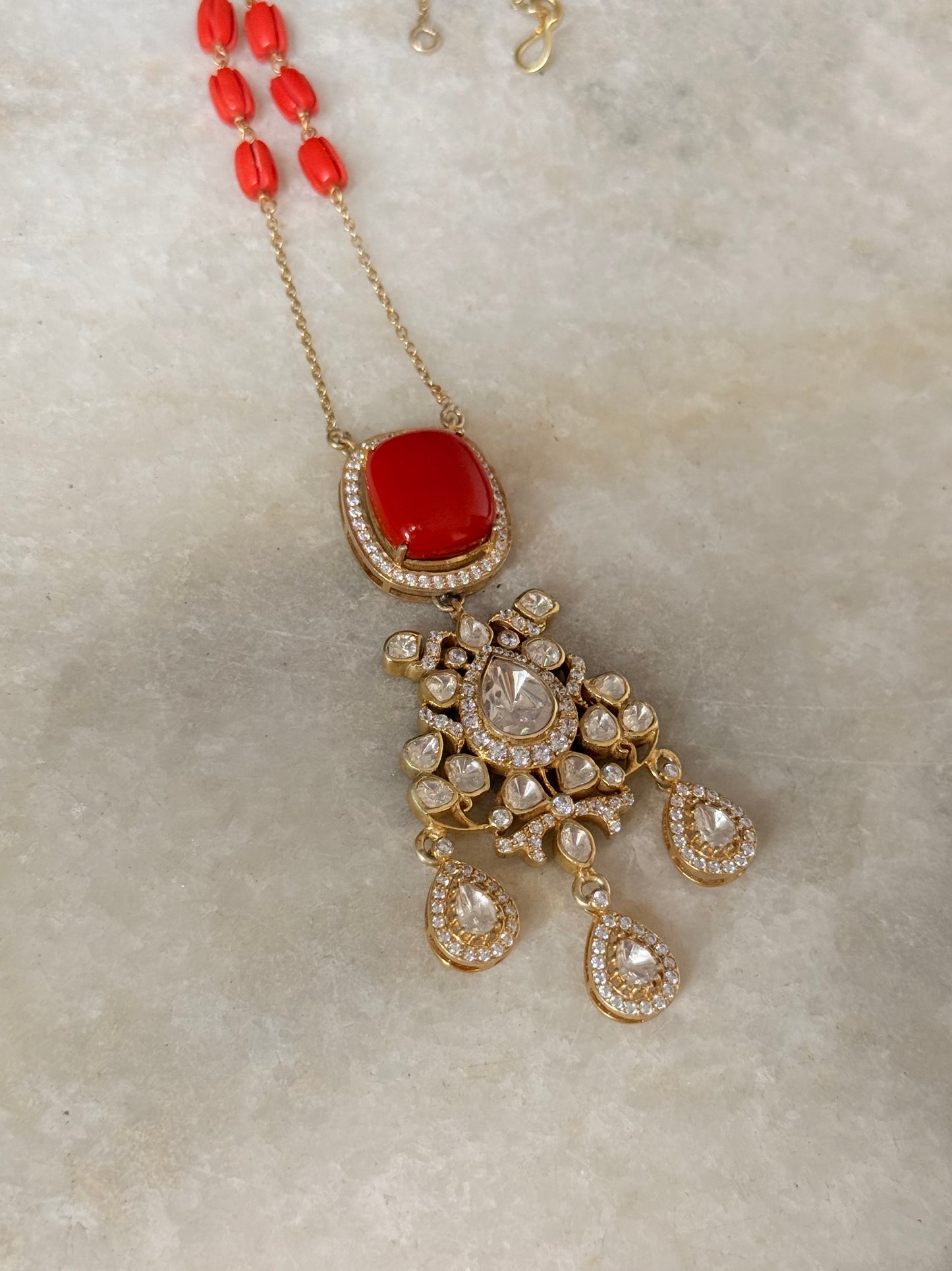 Coral and Antique Moissanite Polki Necklace in 925 Sterling Silver with Gold Plating