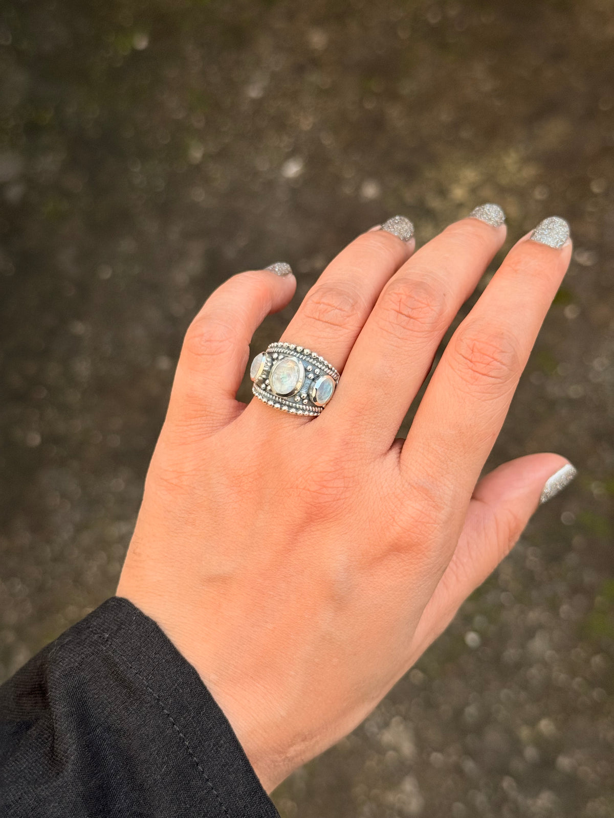 925 Sterling Silver Moonstone 3 Stone Boho Statement Handcrafted Ring