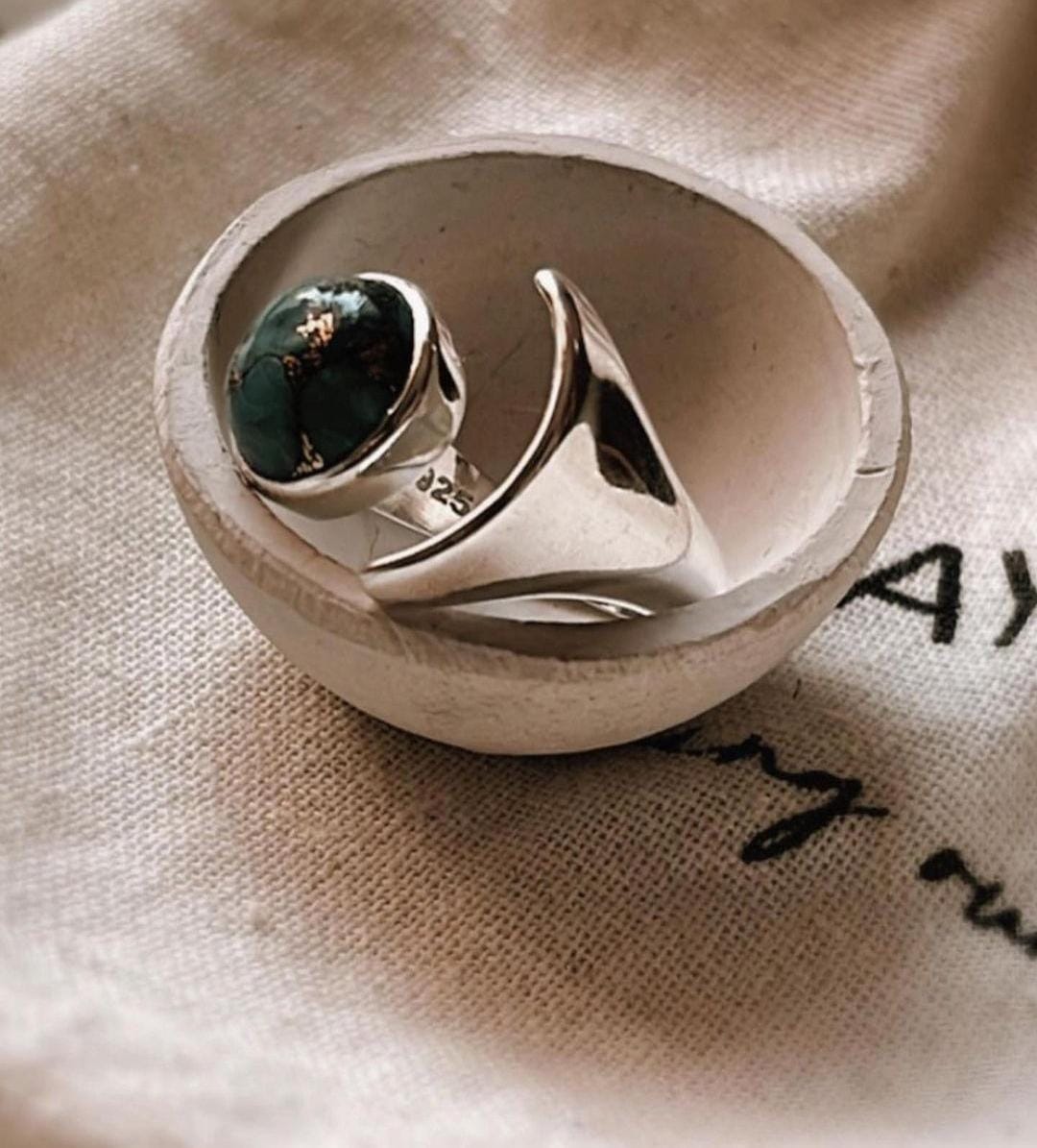 Handcrafted silver ring with copper turquoise moon and adjustable band
