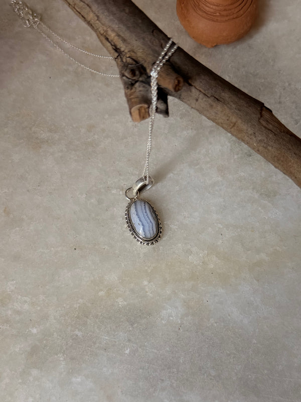 925 Sterling Silver Blue Lace Agate Handcrafted Oval Rawa Pendant