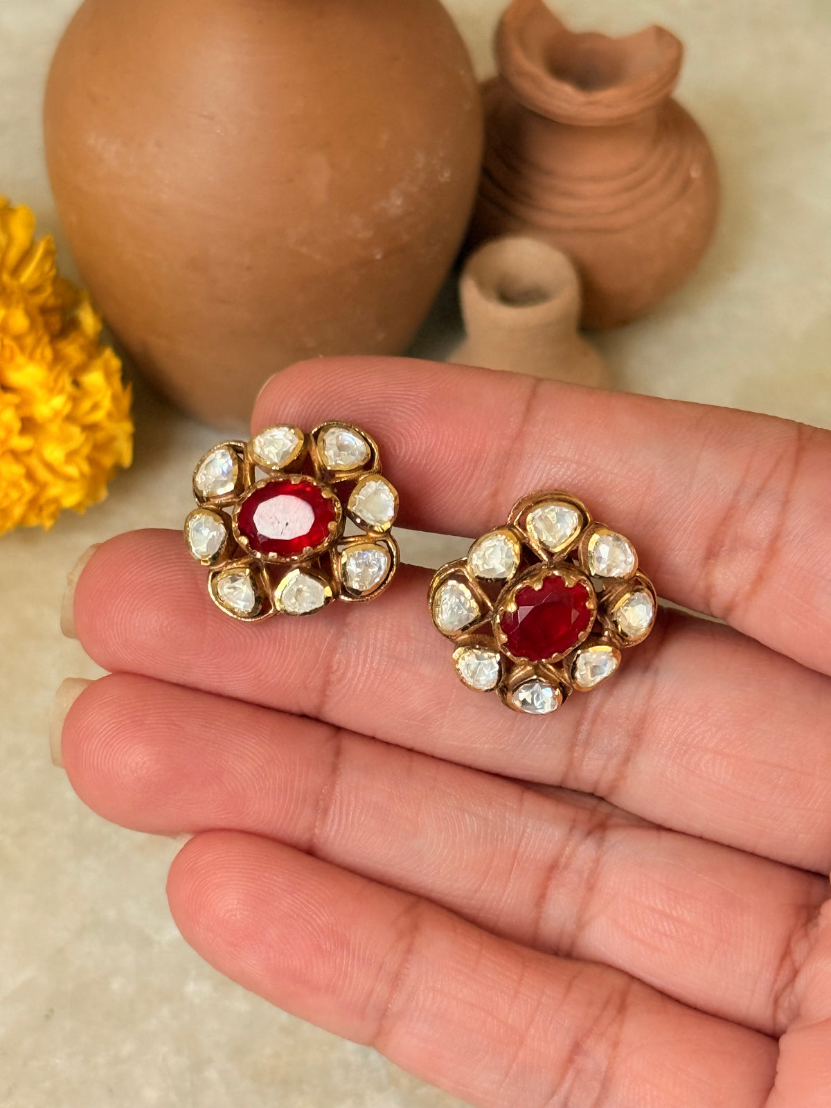 925 Sterling Silver Gold Plated Moissanite Polki Dyed Ruby Studs Earrings