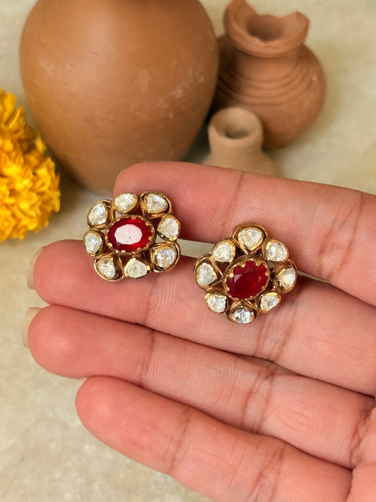 925 Sterling Silver Gold Plated Moissanite Polki Dyed Ruby Studs Earrings