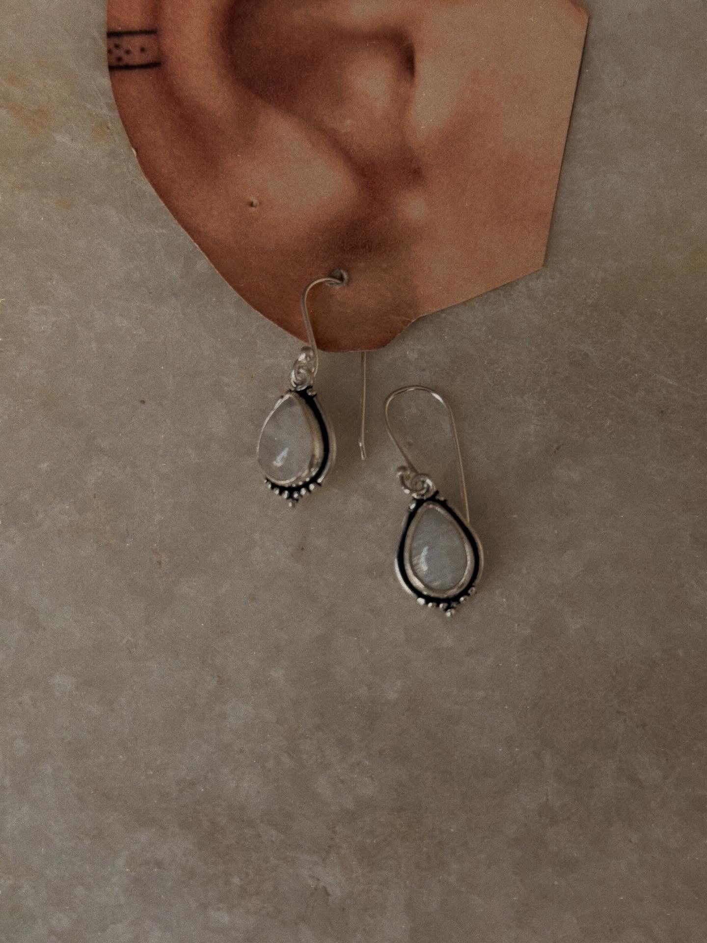 925 Sterling Silver Moonstone Pear Boho Hook Earrings