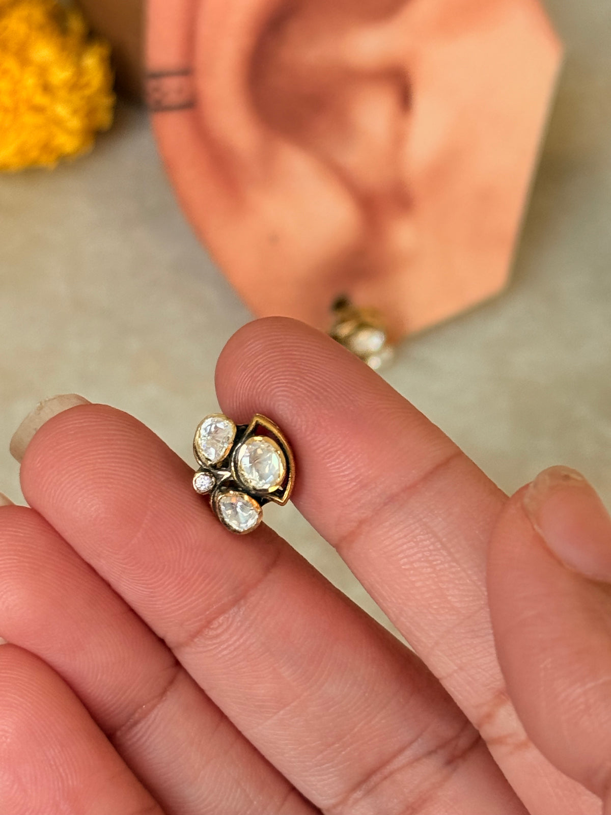 925 Sterling Silver Gold Plated Moissanite Polki Studs Earrings