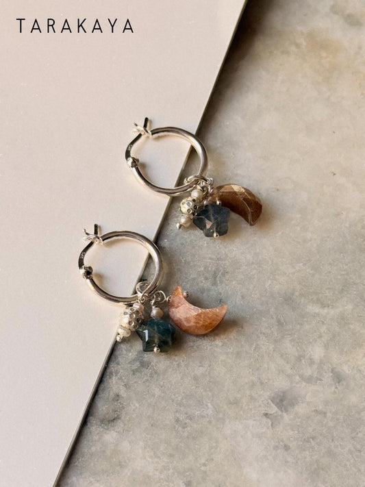 925 Sterling Silver Golden Moonstone Moon, Labradorite Star and Fresh Water Pearls with Silver Disco Beads Handcrafted Hoops
