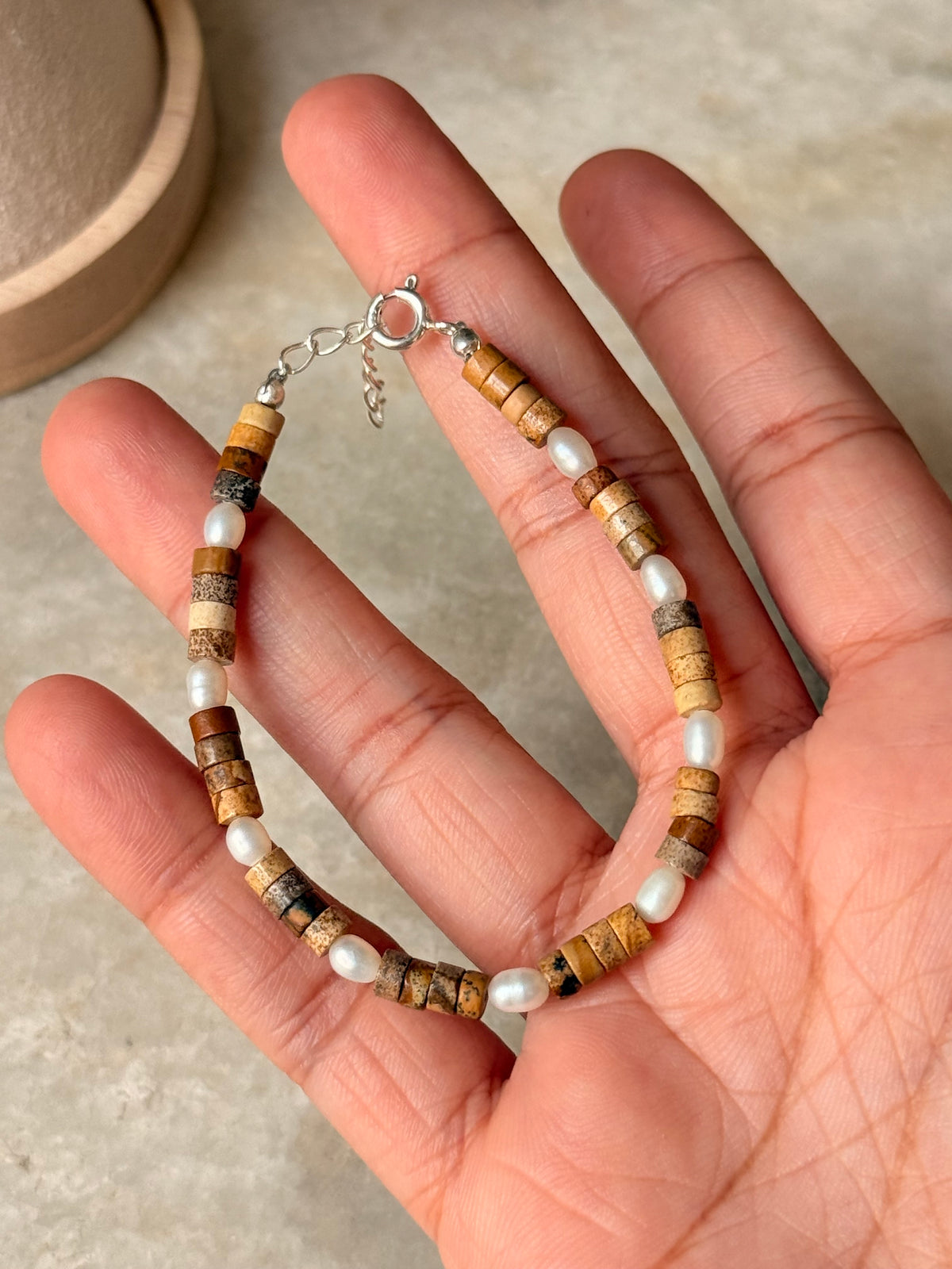925 Sterling Silver Picture Jasper Flat Tube Crystal Fresh Water Pearls Bracelet