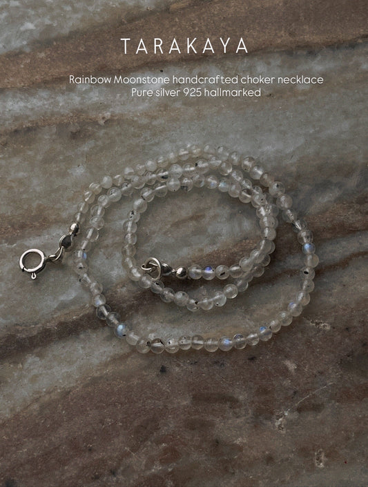 Rainbow Moonstone Plain Round 925 Sterling Silver Necklace  