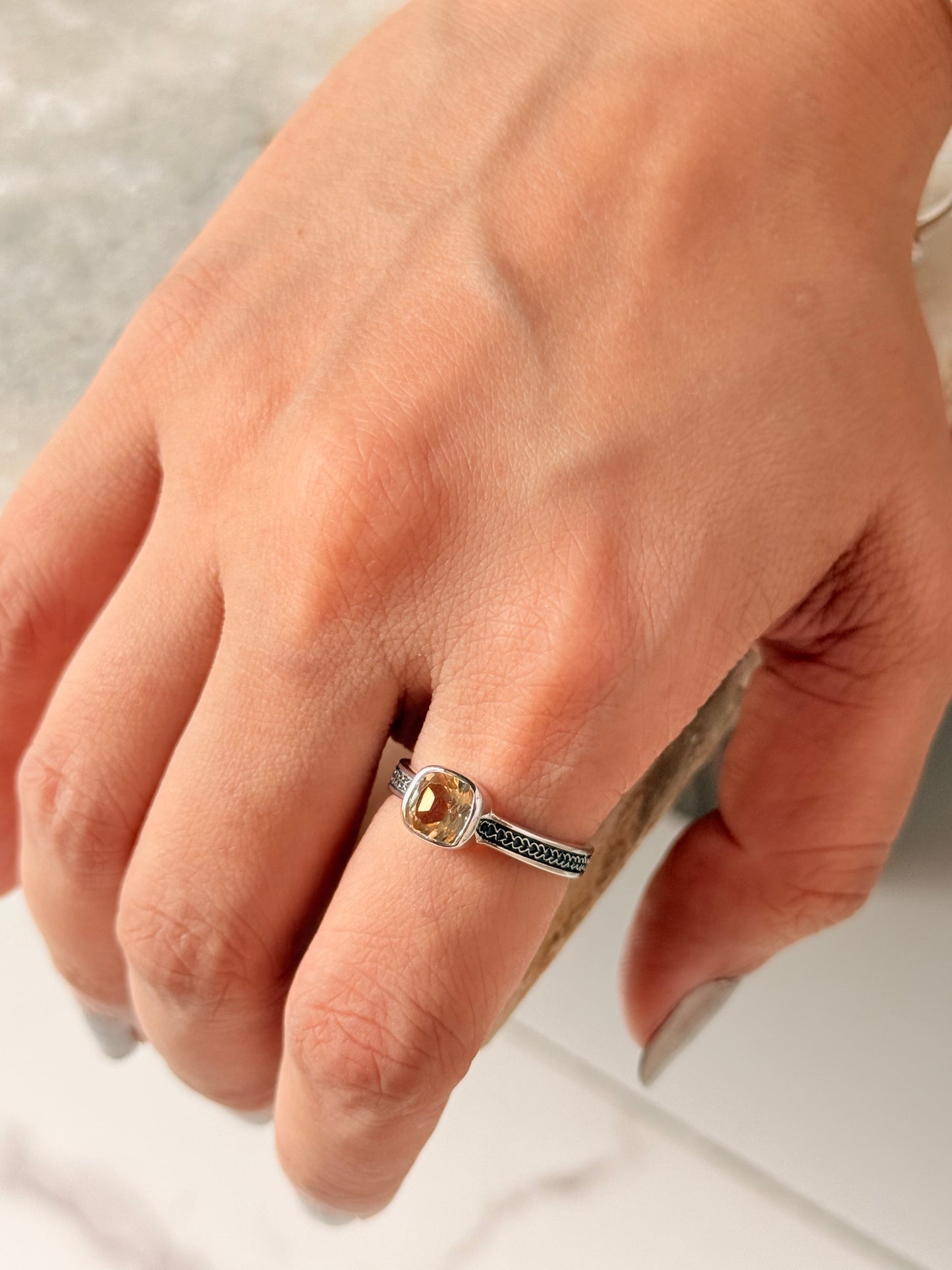 925 Sterling Silver Citrine Square Vintage Band Ring