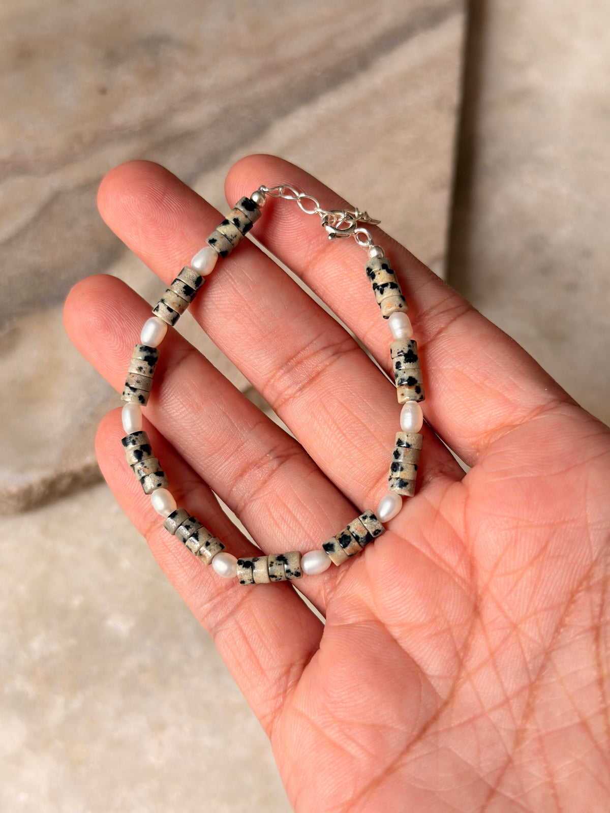 925 Sterling Silver Dalmatian Jasper Flat Tube Crystal Fresh Water Pearls Bracelet