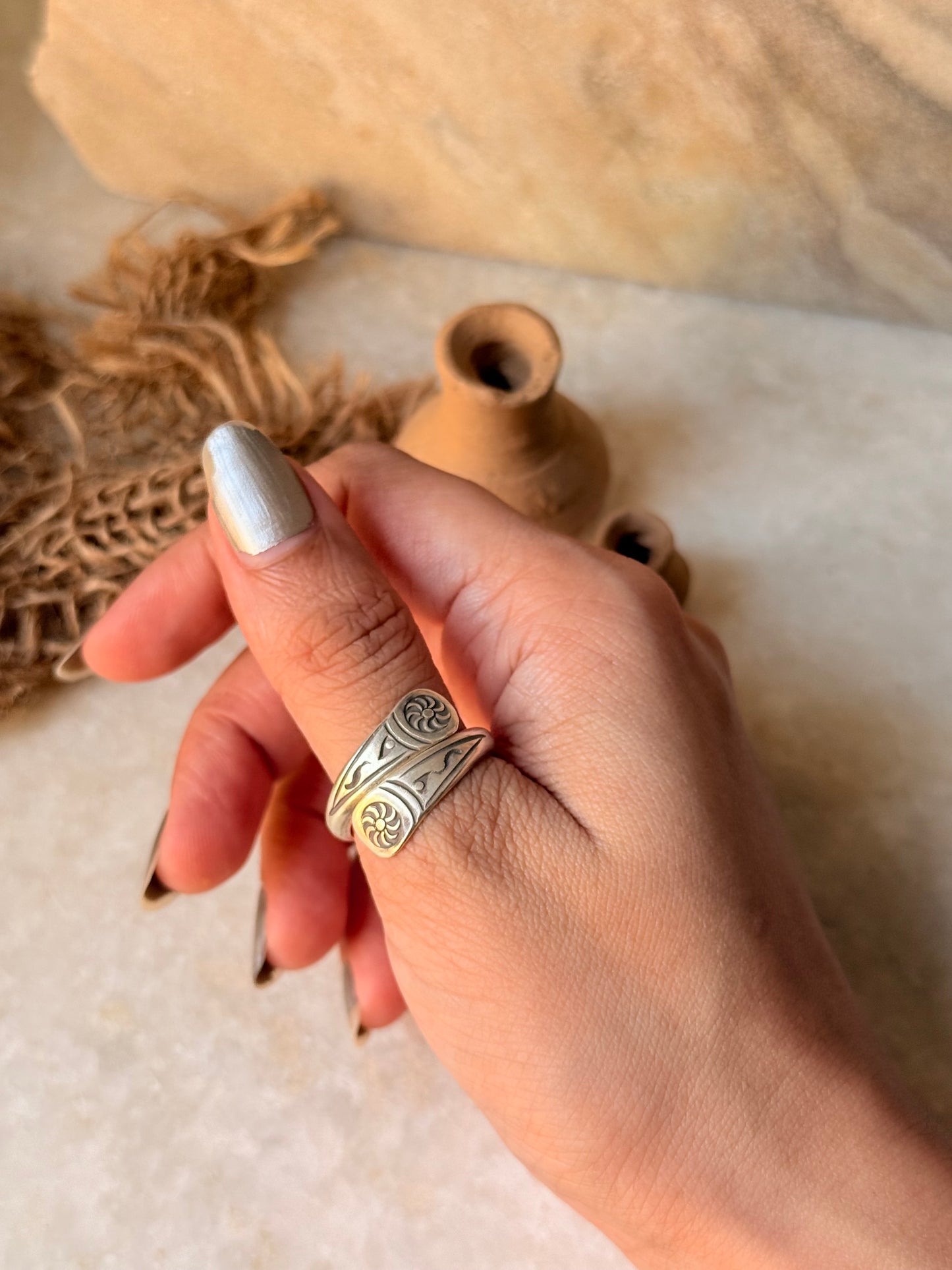 925 Sterling Silver Bohemian Hill Tribe Sun Engraved Handcrafted Adjustable Ring