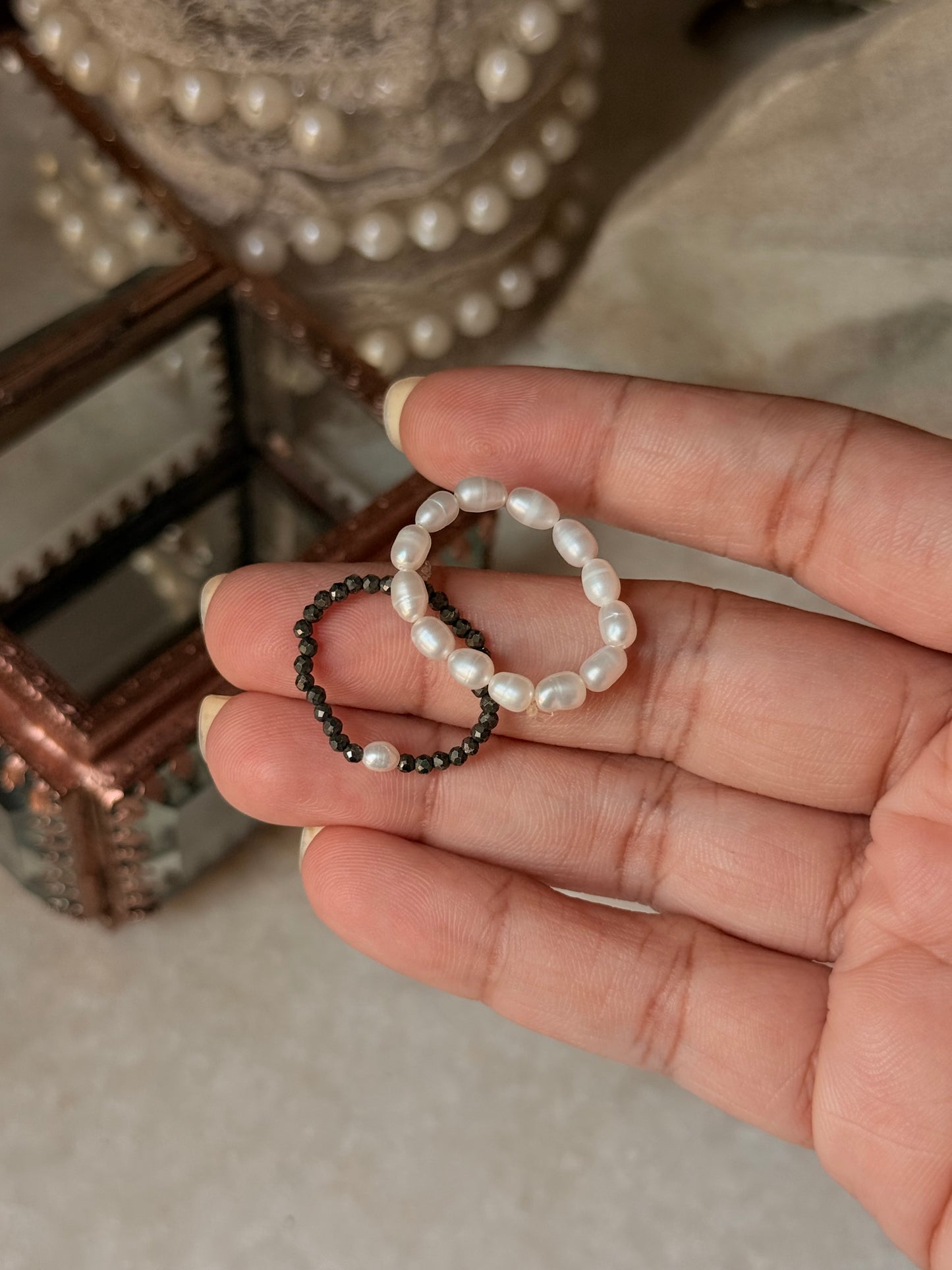 Natural Crystal Stretchy Fresh Water Pearl & Pyrite Pearl Rings