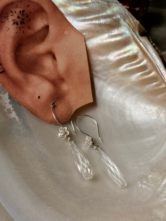925 Sterling Silver Clear Quartz Drop Carved Charm Silver Floral Hook Handcrafted Earrings