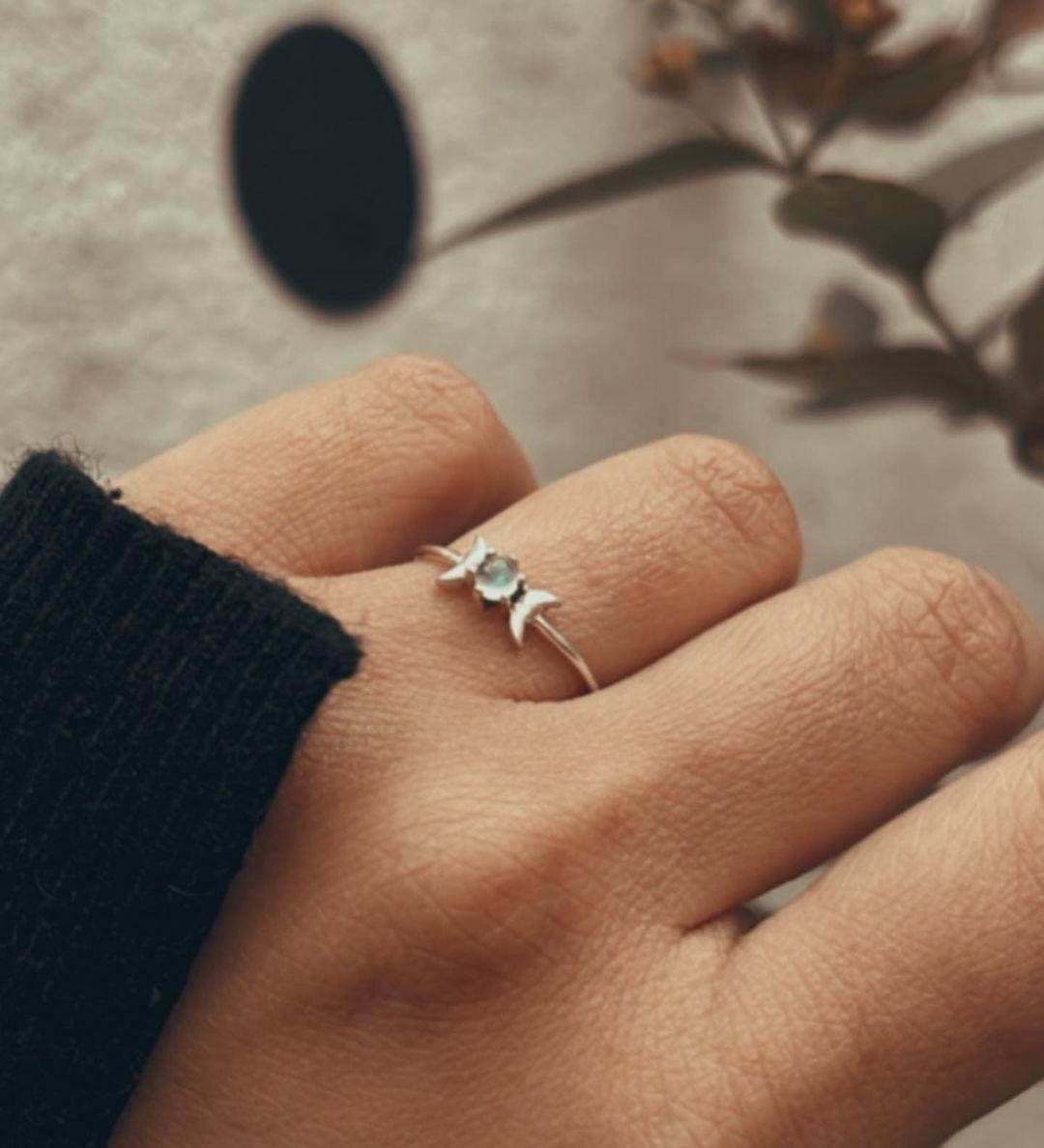 Silver Moonstone Ring with Phases of the Moon Design