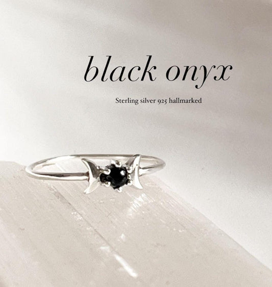 Black Onyx Moon Phases Minimalist Silver Ring