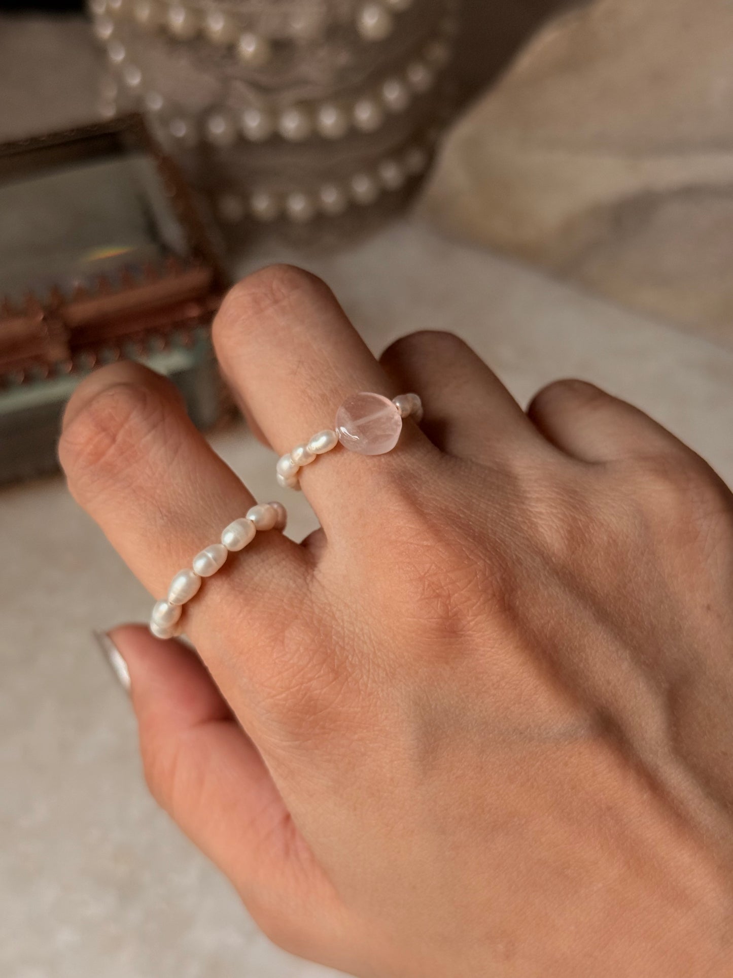 Natural Crystal Stretchy Fresh Water Pearls & Rose Quartz Round Rings