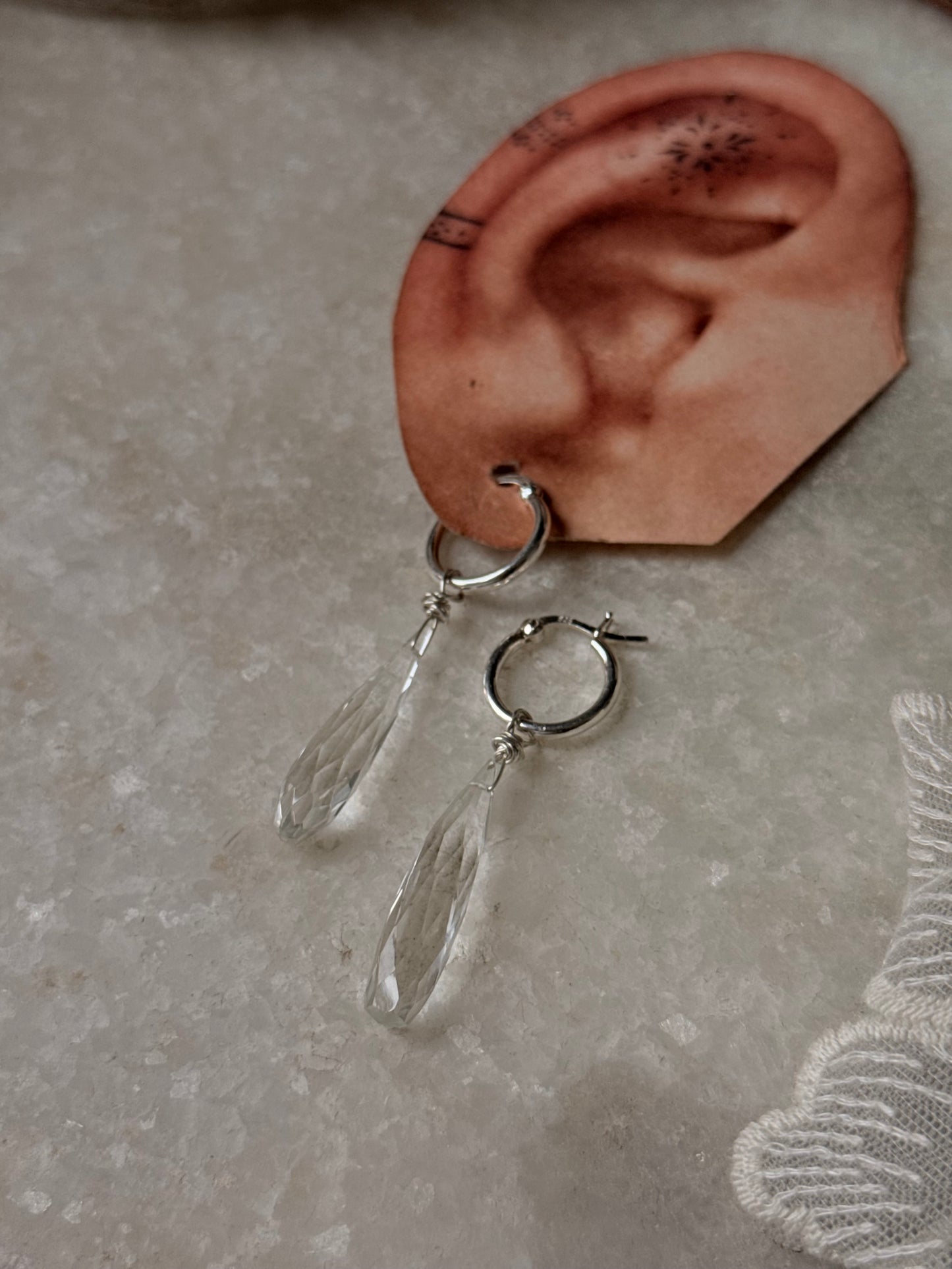 925 Sterling Silver Clear Quartz Drop Carved Charm Italian Hoops Handcrafted