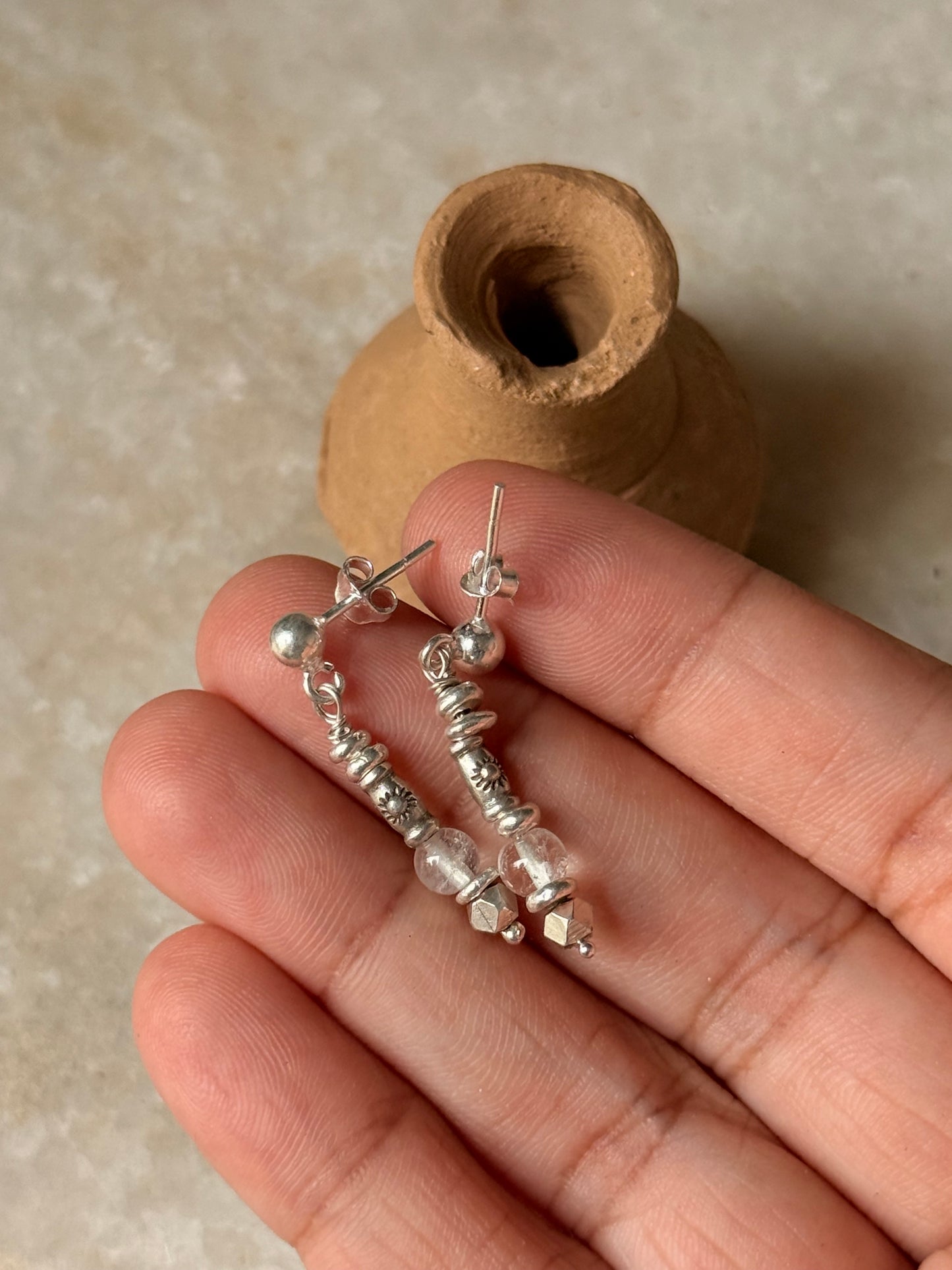 925 Sterling Silver Sun Engraved Molten Beads Studs