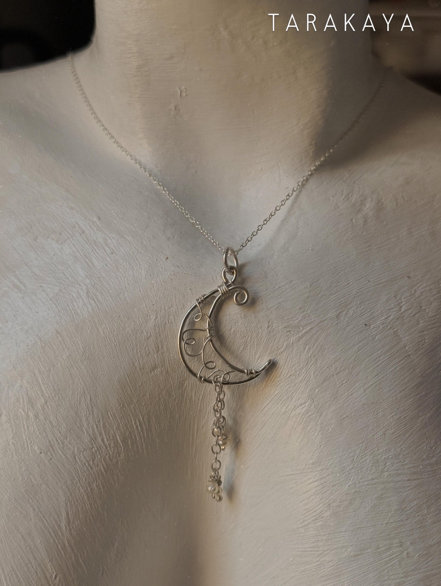 925 Sterling Silver Fresh Water Pearls Chain Moon Wire Wrapped Handcrafted Necklace