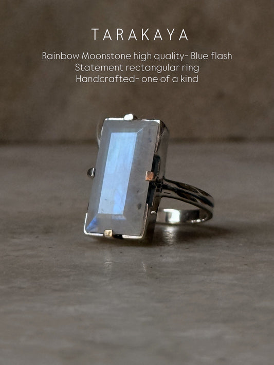 925 Sterling Silver Rainbow Moonstone High Quality Statement Rectangular Ring