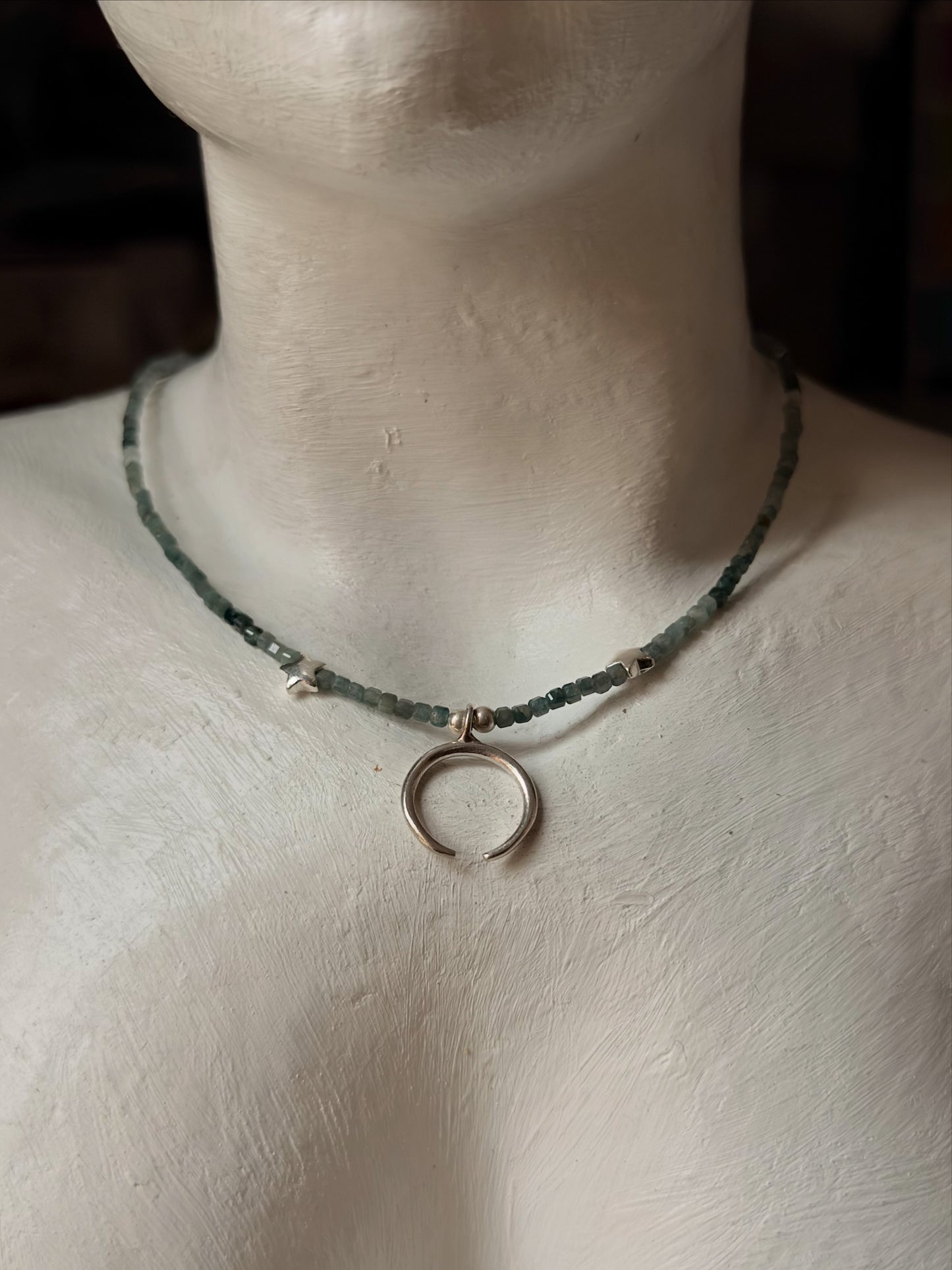 925 Sterling Silver Grandidierite Box Gradient, Star & Moon Handcrafted Necklace