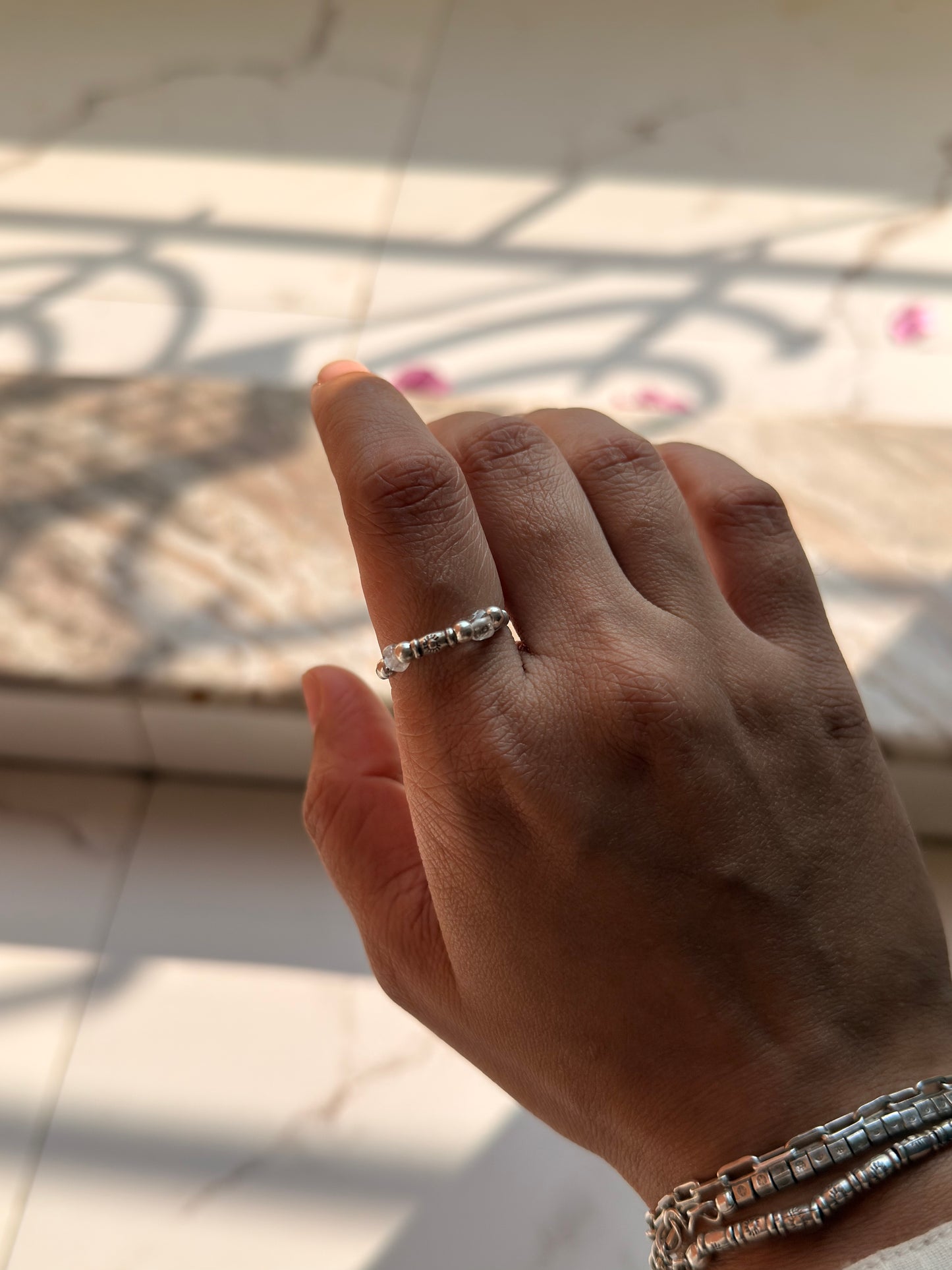 925 Sterling Silver Clear Quartz Sun Engraved Silver Bead Wire Wrapped Handcrafted Ring