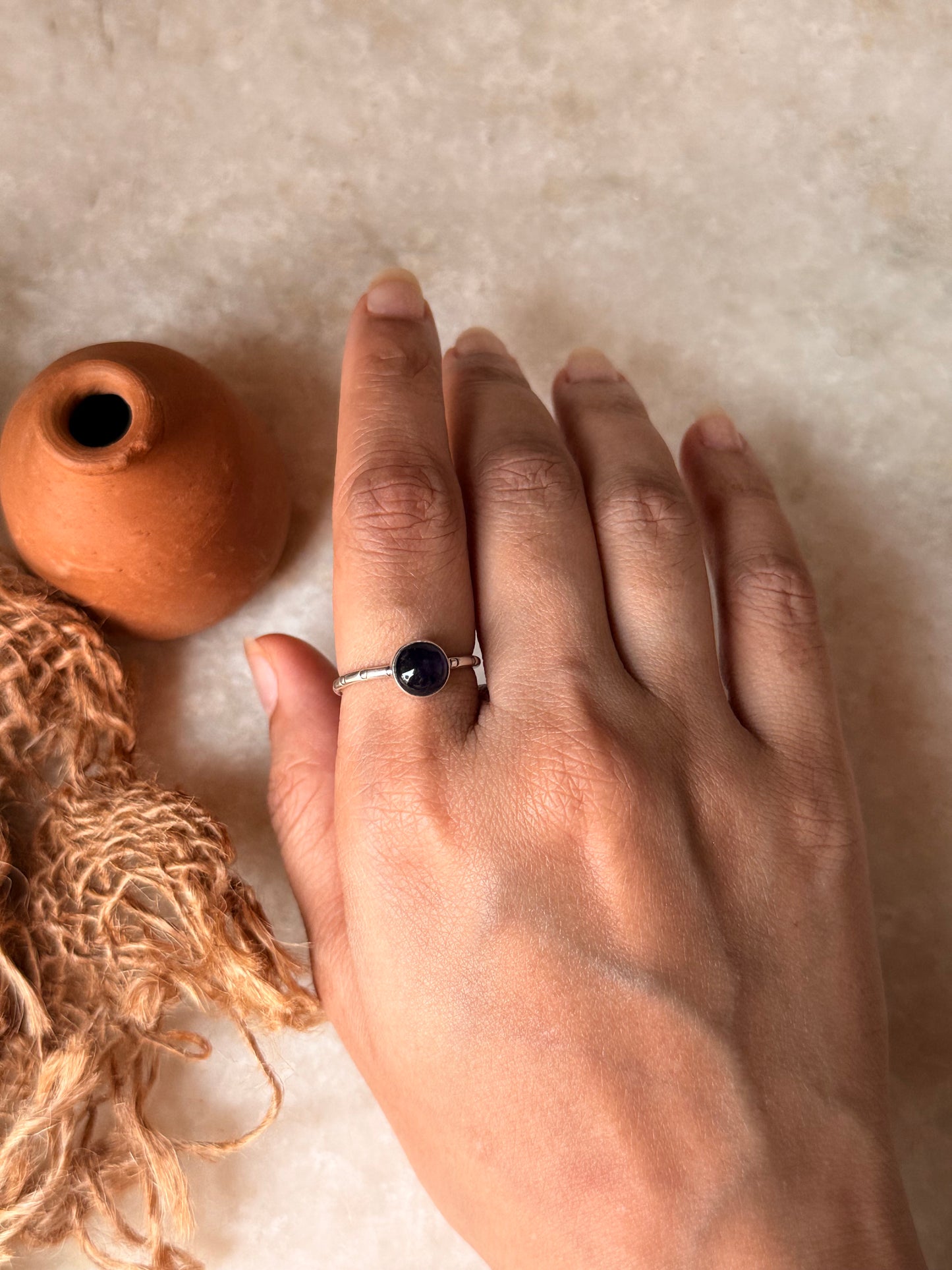Amethyst Round Tribal Engraved Adjustable 925 Sterling Silver Ring