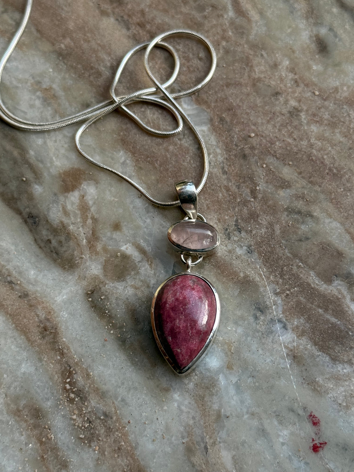925 Sterling Silver Rose Quartz Oval, Rhodochrosite Pear Handcrafted One of a Kind Pendant