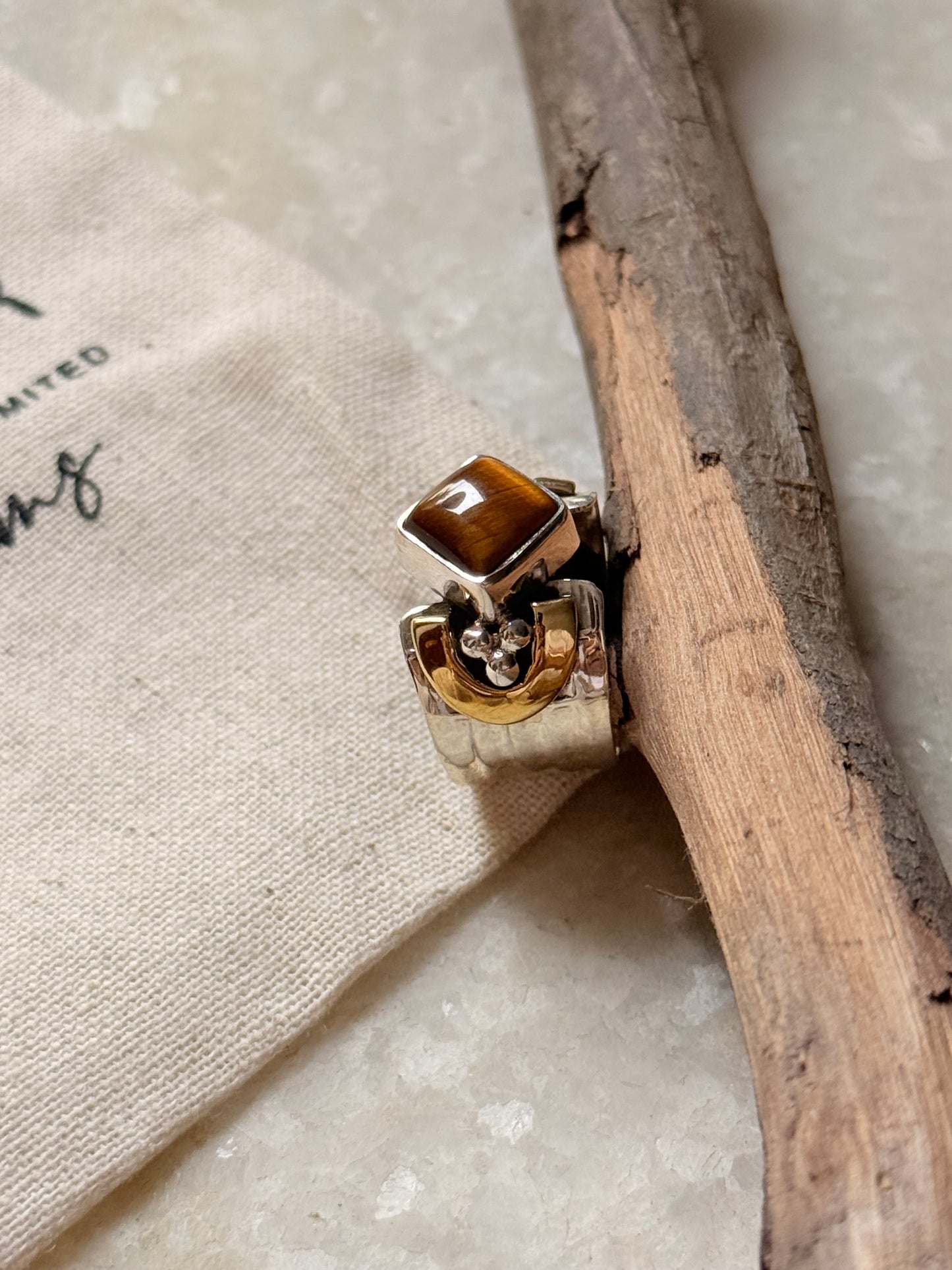 925 Sterling Silver Tiger Eye Rustic Mixed Metal Ring