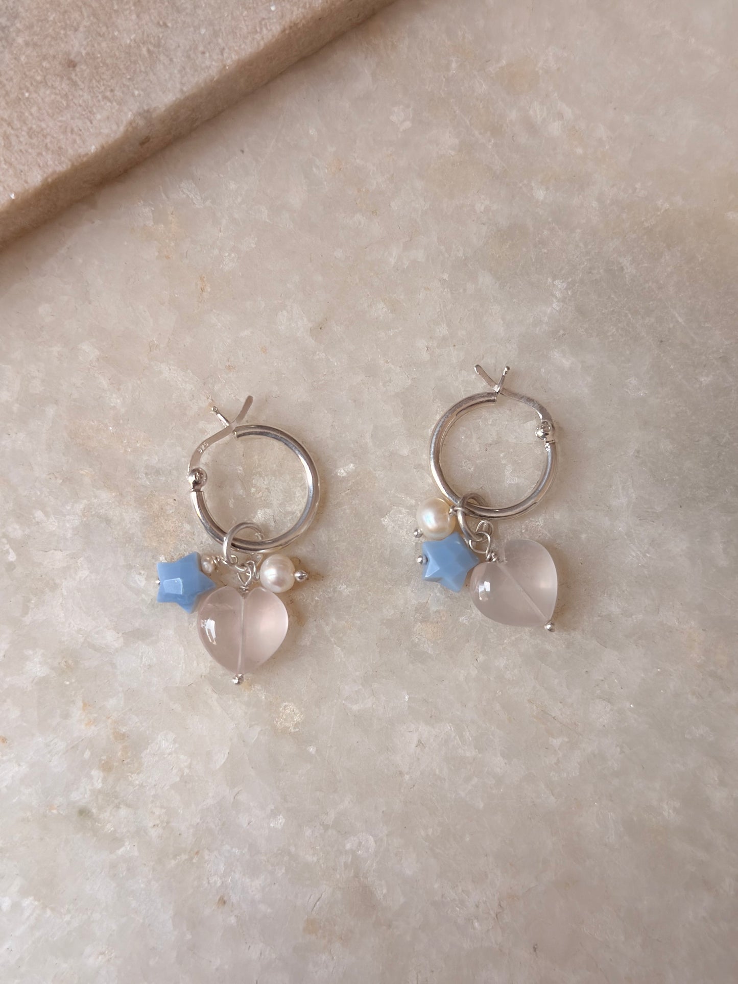 925 Sterling Silver Rose Quartz Heart, Opal Star and Fresh Water Pearl Handcrafted Hoops