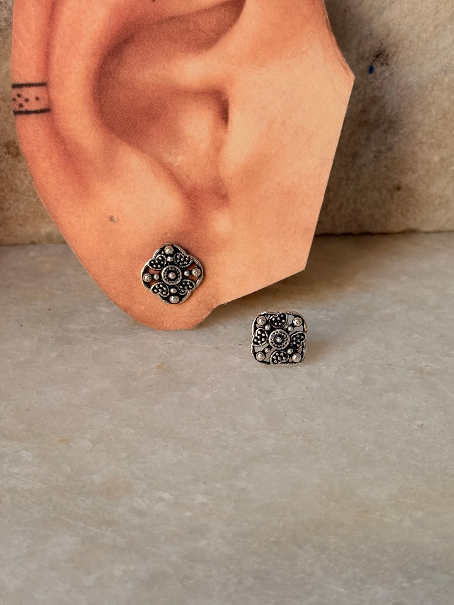925 Sterling Silver Antique Plain Oxidised Boho Studs Earrings