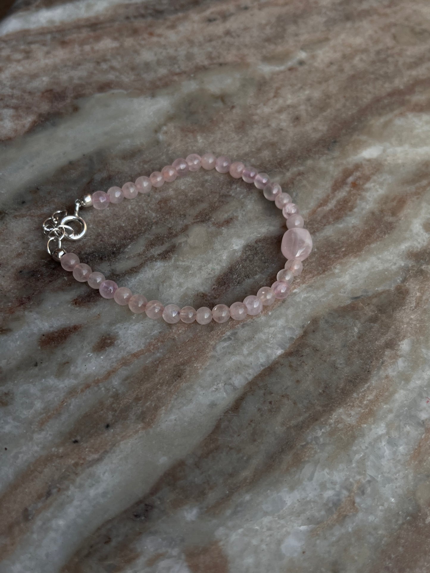 Rose Quartz Tumble & Plain Round 4mm Natural crystal 925 Sterling Silver Bracelet