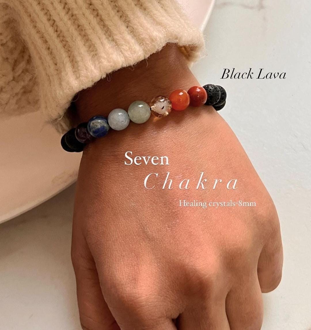 8MM Seven Chakra Healing Crystal Bracelet with Lava