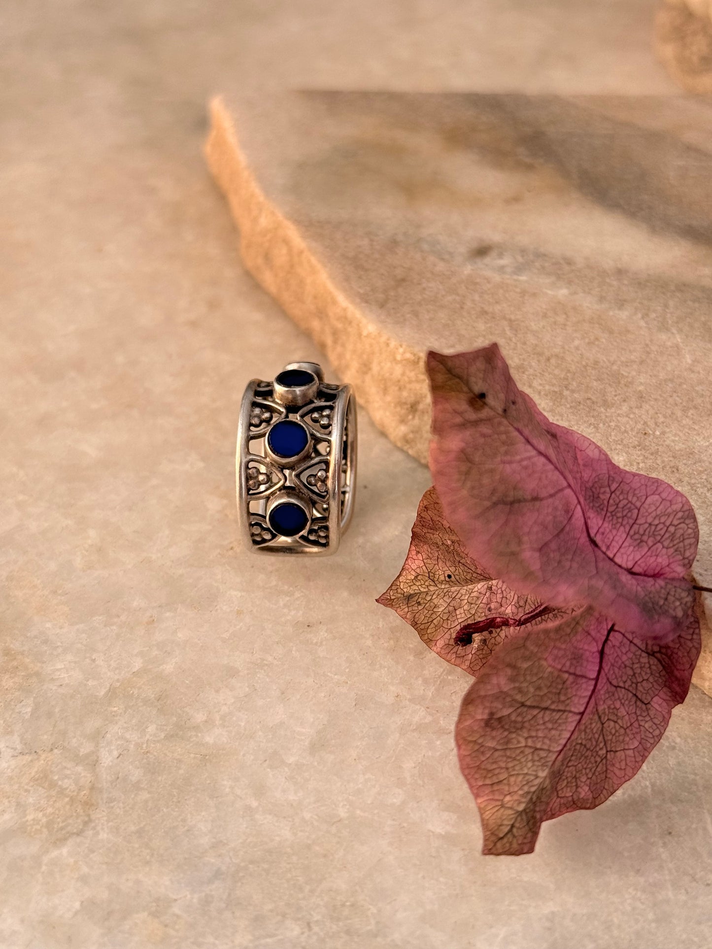 925 Sterling Silver Blue Kundan Antique Rawa Style Adjustable Handcrafted Ring