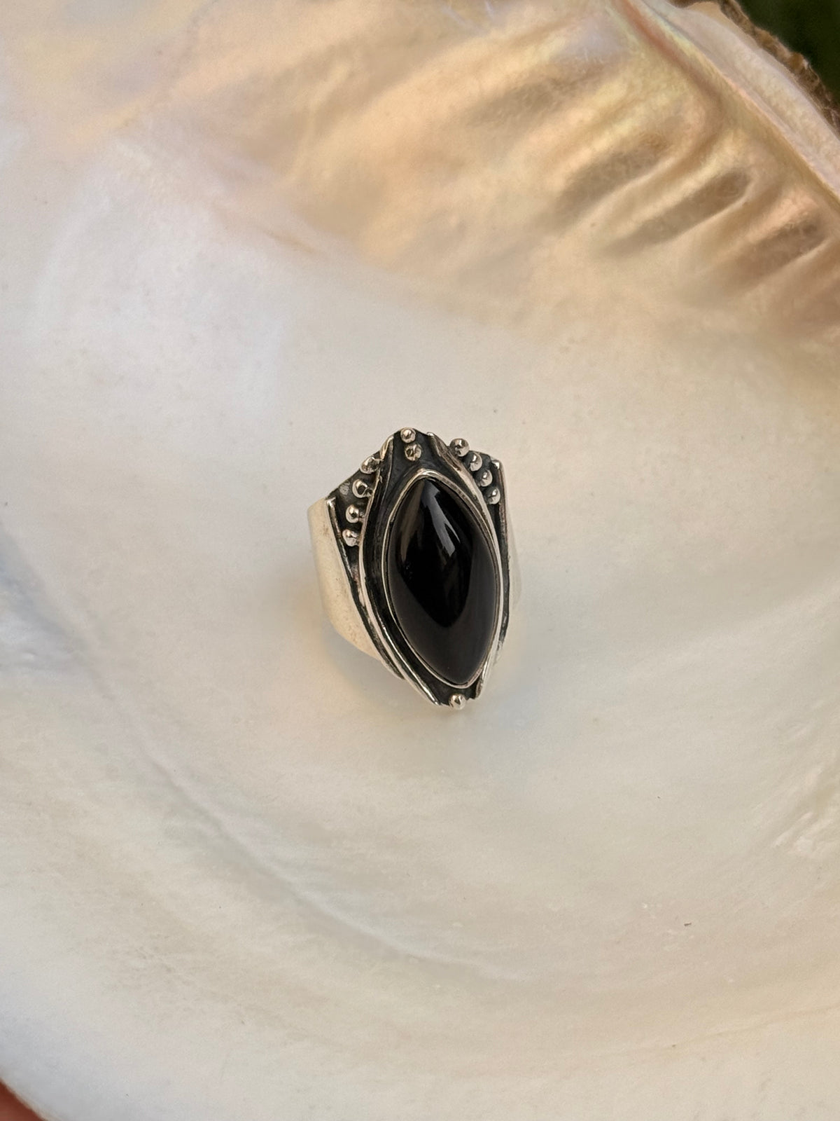 925 Sterling Silver Black Onyx Marquise Gothic Rustic Ring