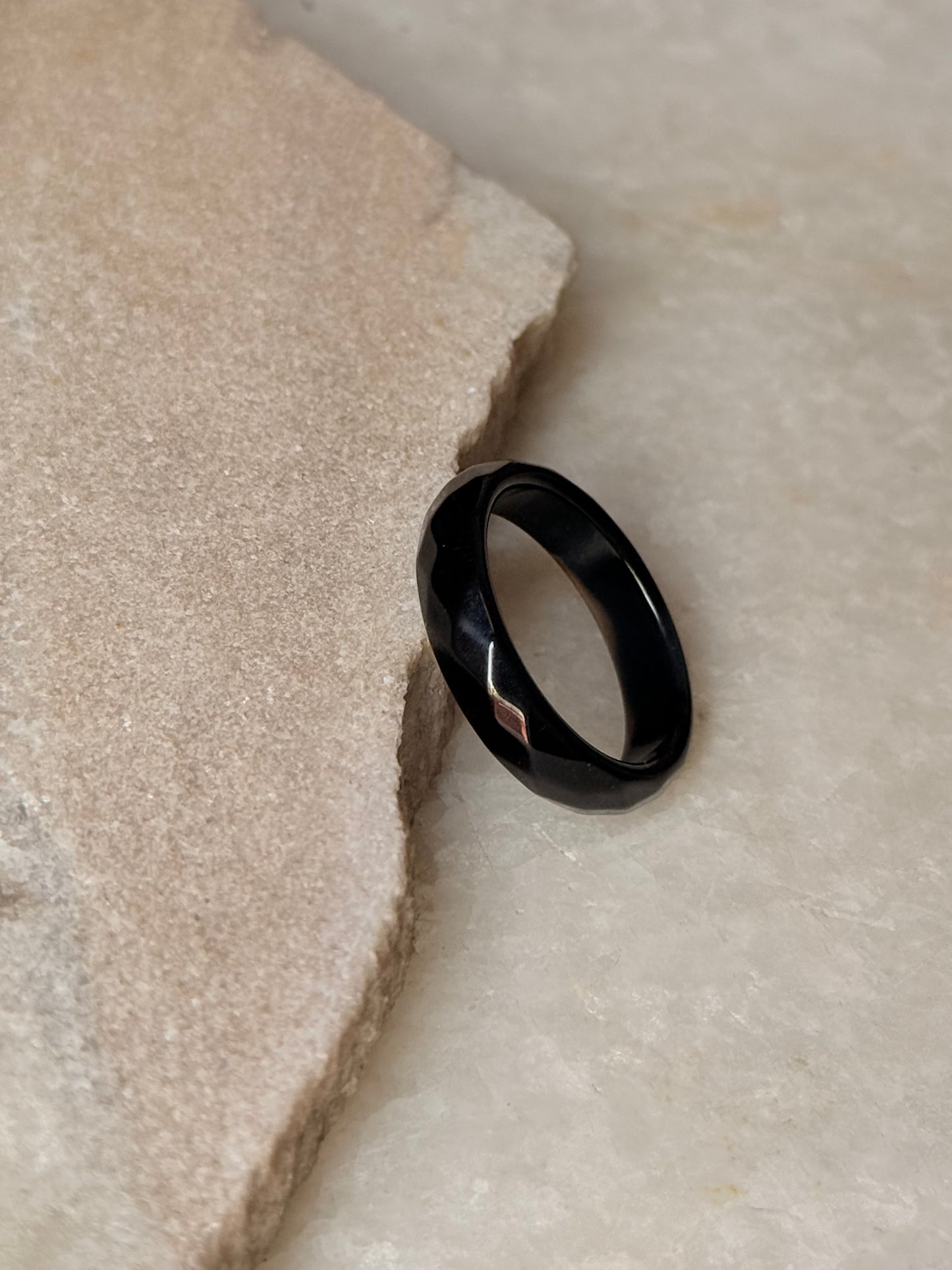 Natural Crystal Faceted Black Agate Band Ring