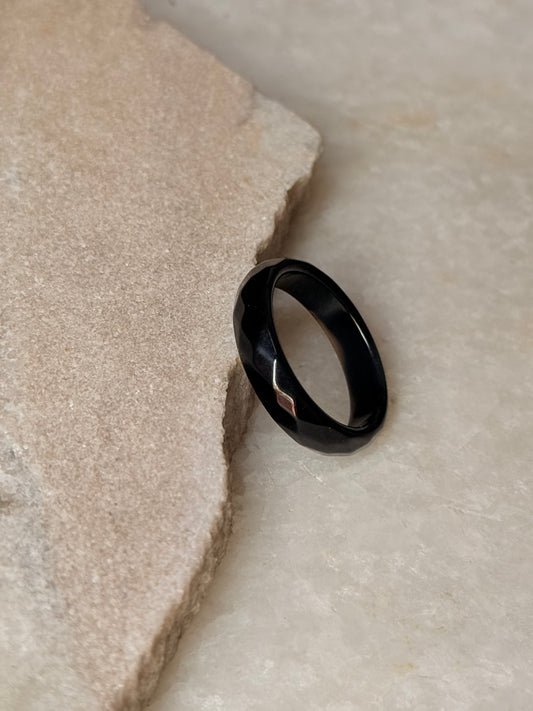 Natural Crystal Faceted Black Agate Band Ring