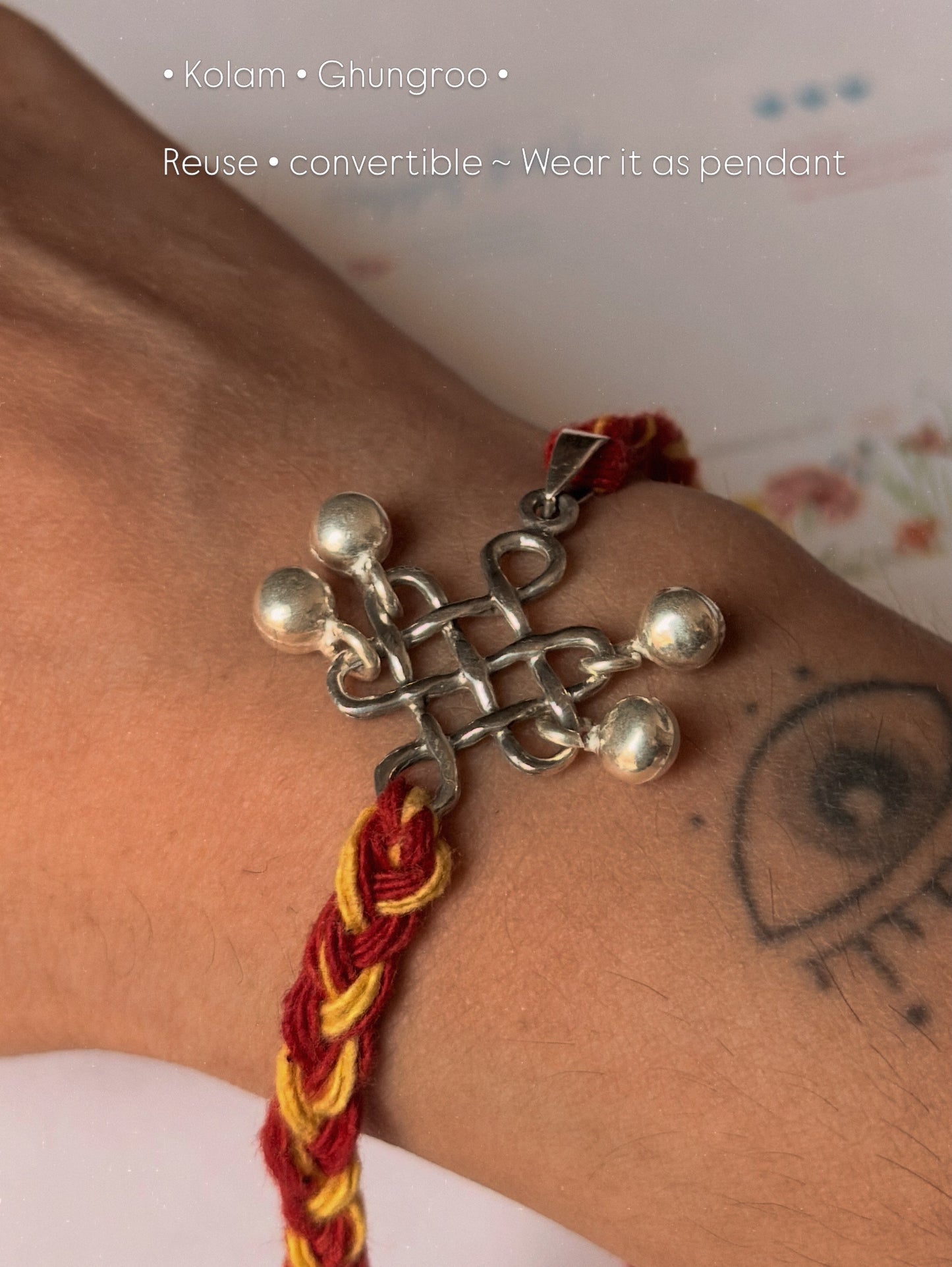 925 Sterling Silver Kolam Ghungroo Reusable as Pendant Handcrafted Rakhi