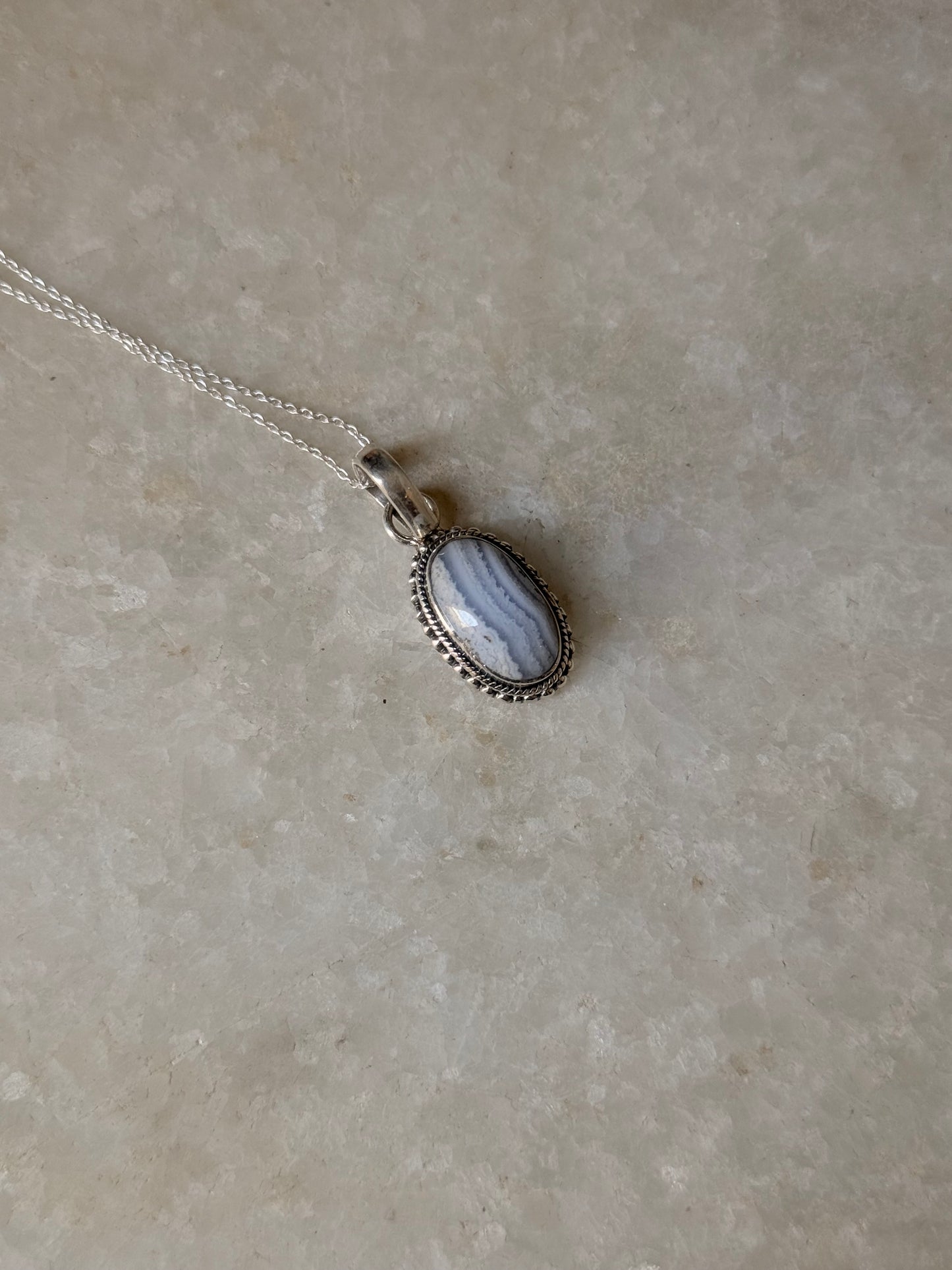 925 Sterling Silver Blue Lace Agate Handcrafted Oval Rawa Pendant