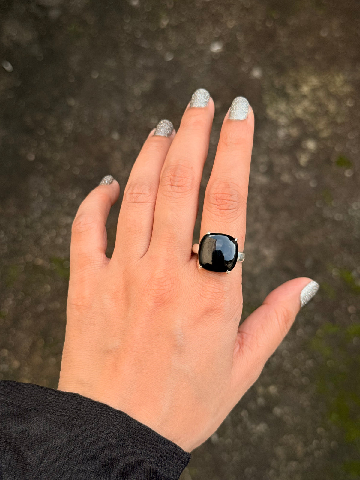 925 Sterling Silver Black Onyx Square Prong Setting Contemporary Style Ring
