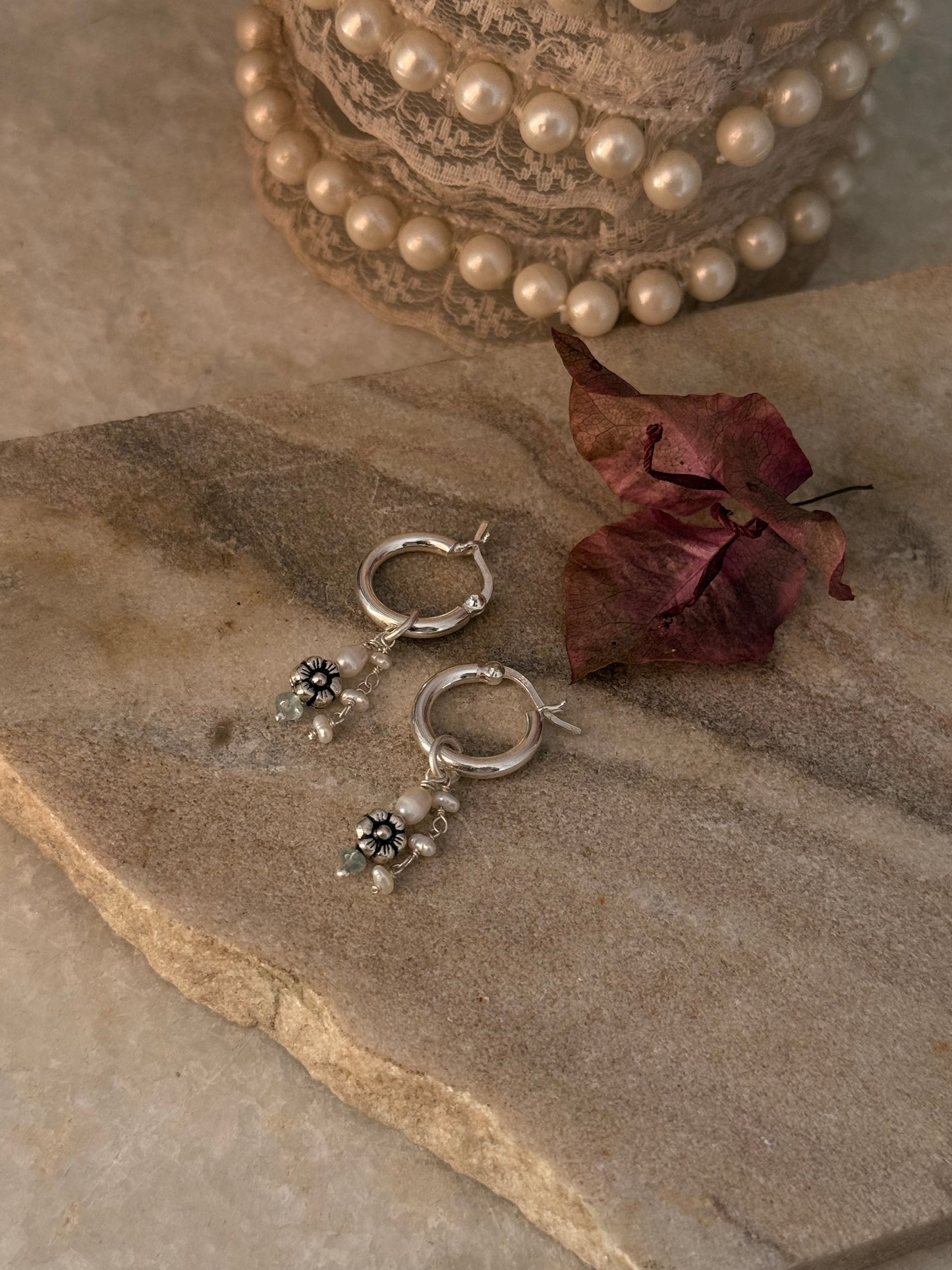 925 Sterling Silver Fresh Water Pearl, Aquamarine & Floral Hoops
