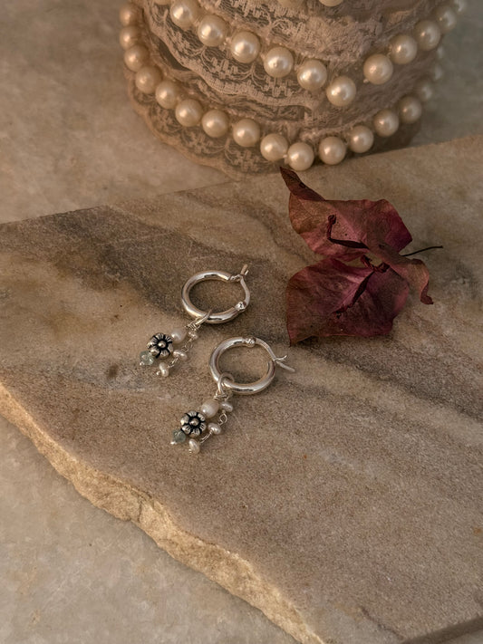 925 Sterling Silver Fresh Water Pearl, Aquamarine & Floral Hoops