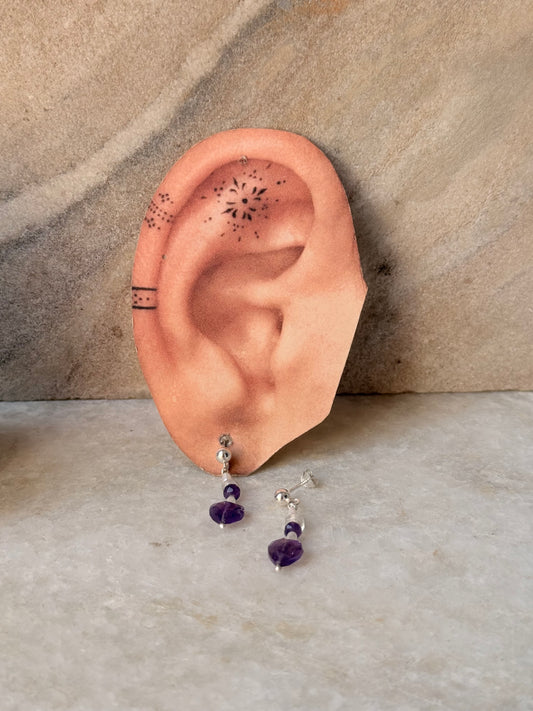 925 Sterling Silver Amethyst Heart, Clear Quartz & Pearl Stud Earrings
