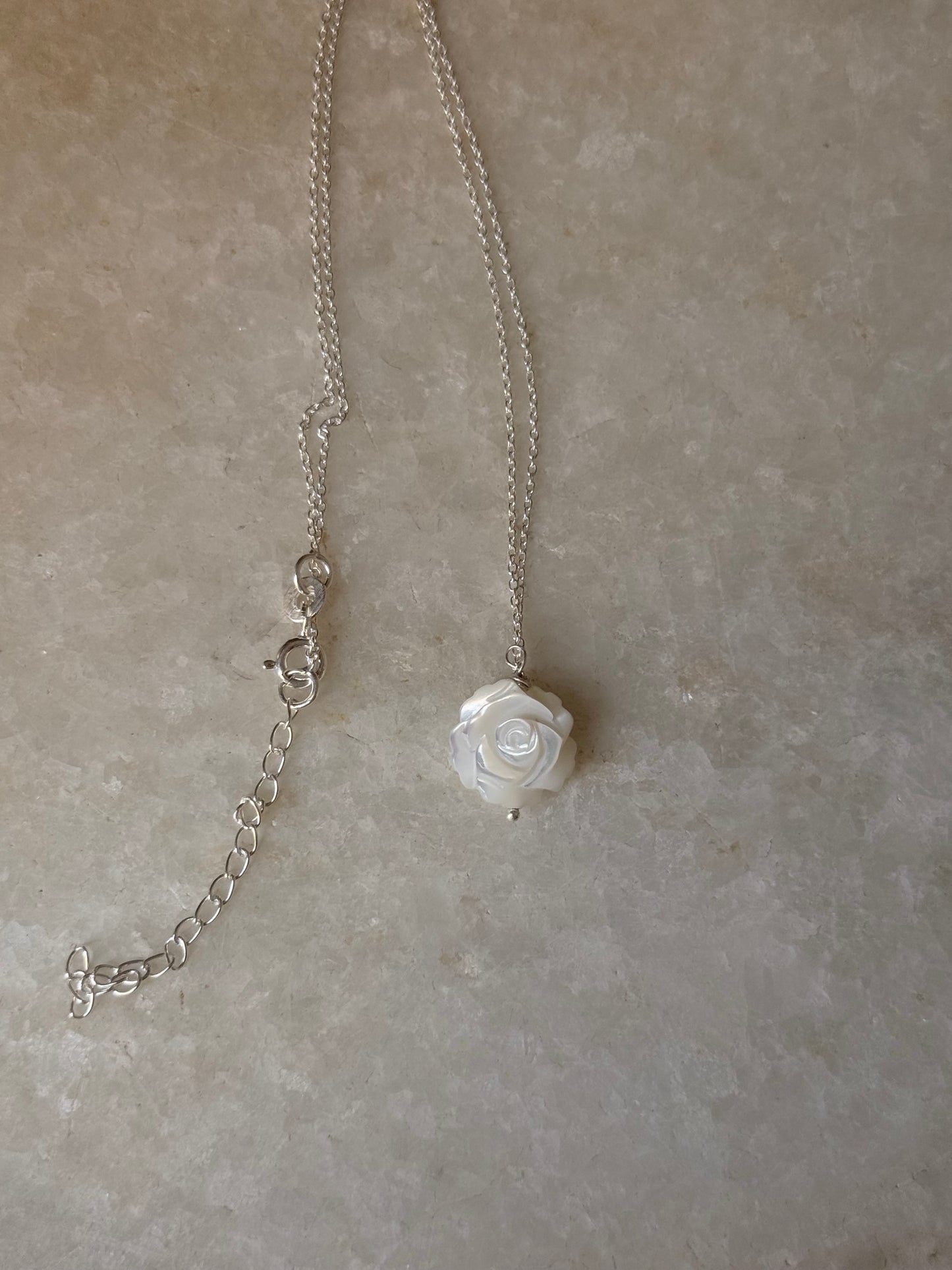925 Sterling Silver Mother of Pearl Rose Carved Handcrafted Necklace