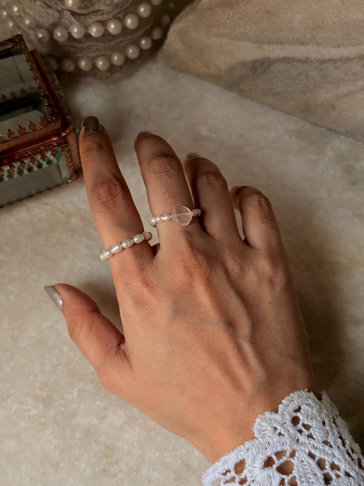 Natural Crystal Stretchy Fresh Water Pearls & Rose Quartz Round Rings