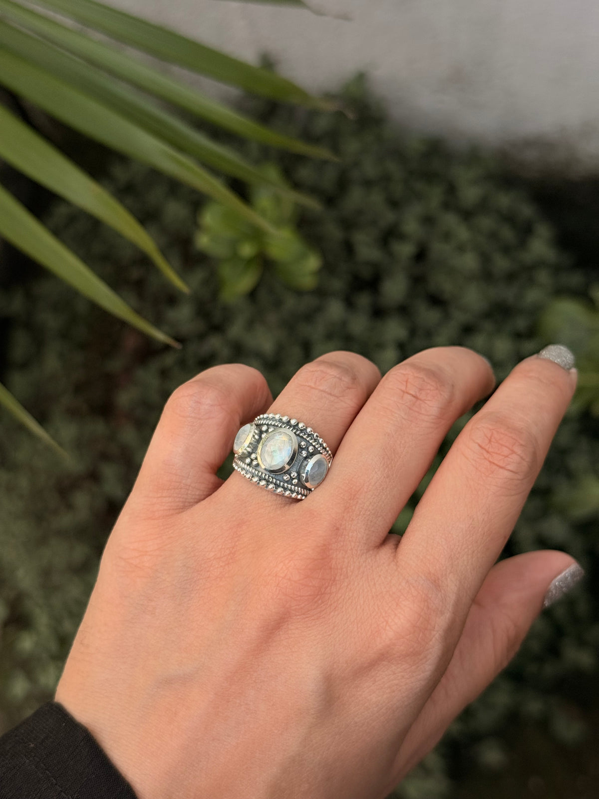 925 Sterling Silver Moonstone 3 Stone Boho Statement Handcrafted Ring