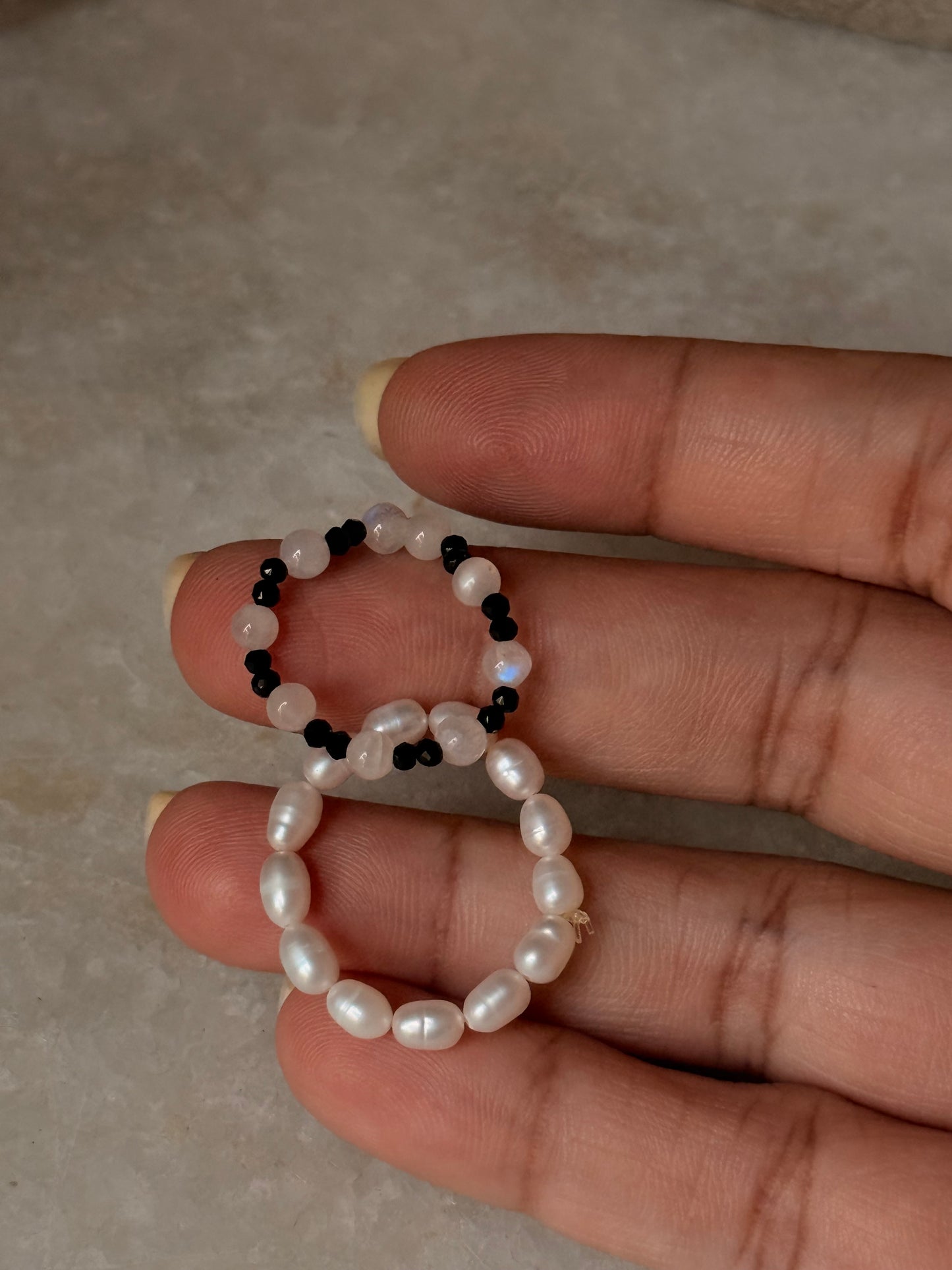 Natural Crystal Stretchy Fresh Water Pearl & Black Spinel Moonstone Rings