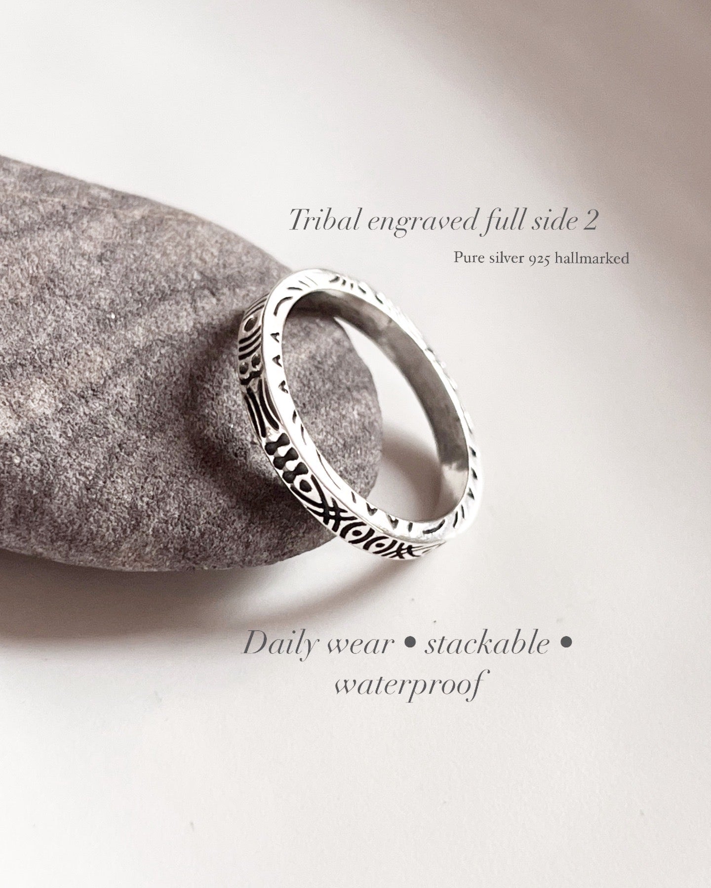 Tribal engraved side full band sterling silver ring