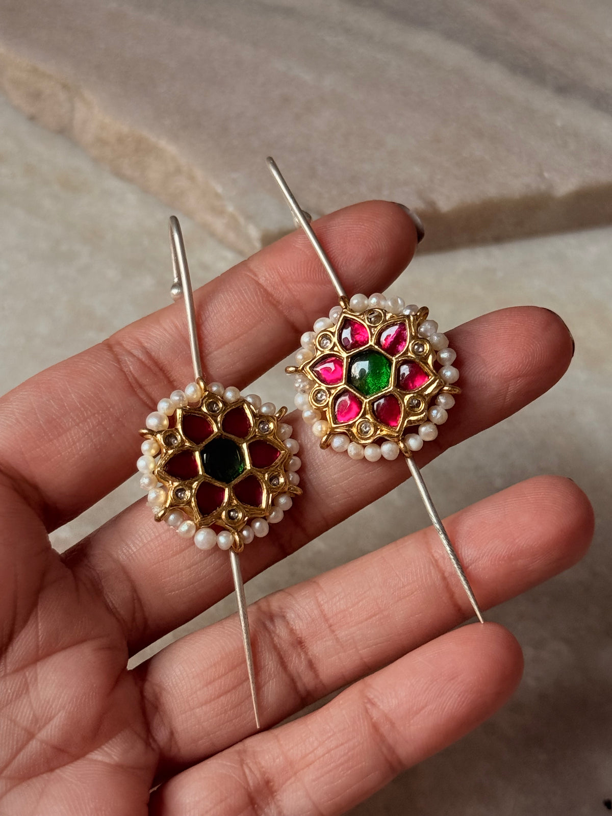 925 Sterling Silver Gold Plated Pink & Green Stone Kundan & Fresh Water Pearls Pirohi Full Ear Cuffs - Dual Tone